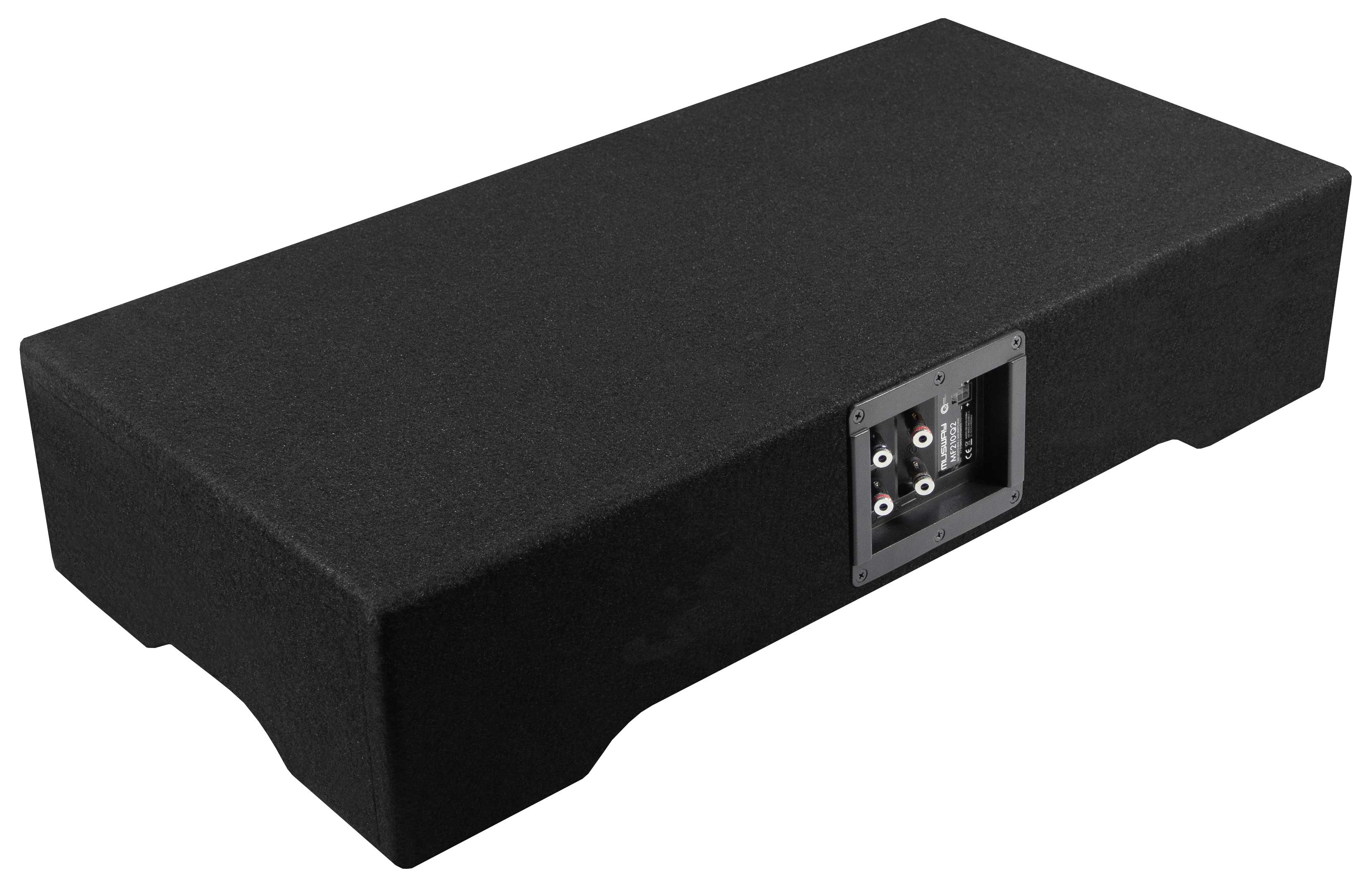 Schwarzer Subwoofer-Lautsprecher. Es ist eine rechteckige Box mit Anschlüssen auf der Rückseite.