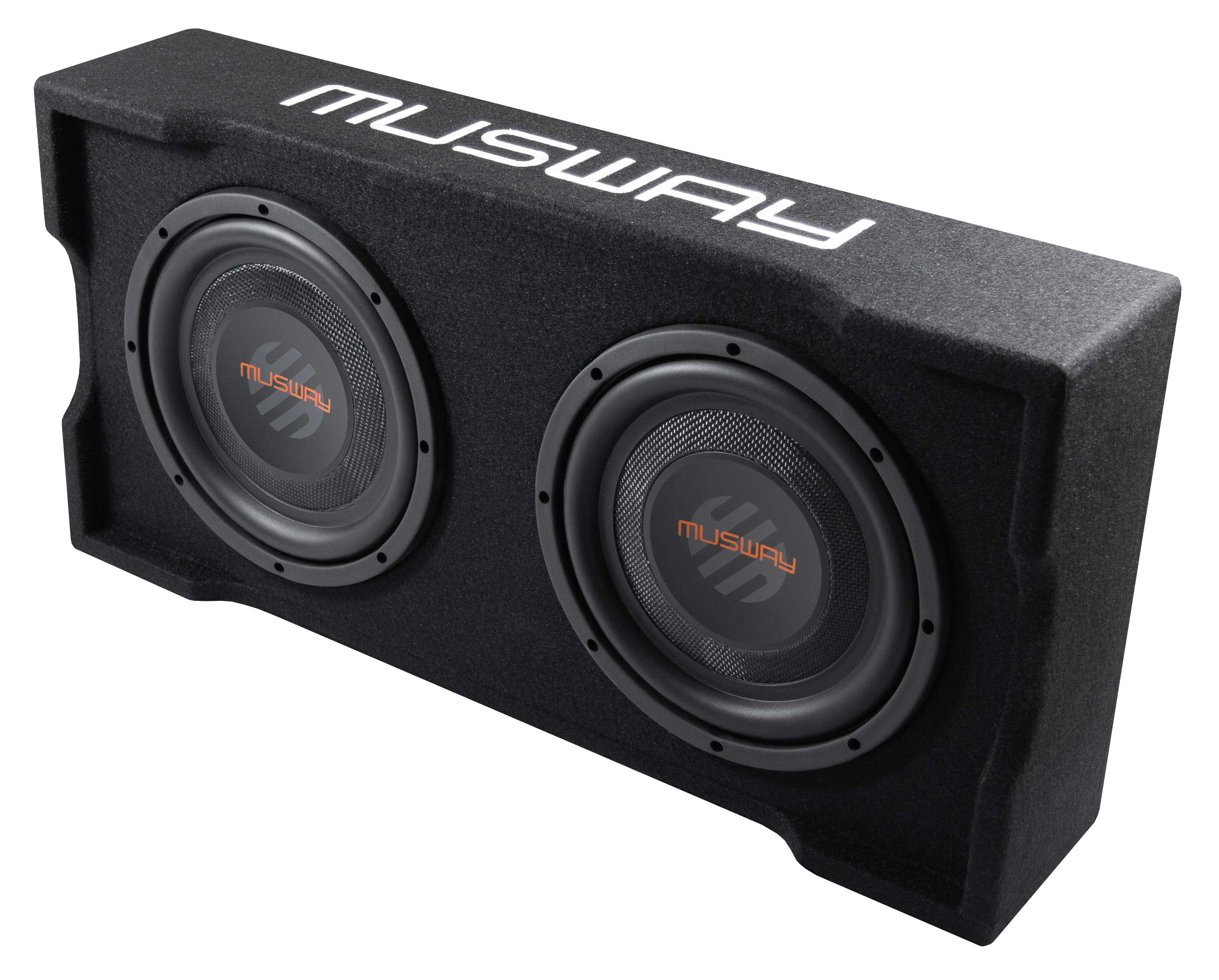 Schwarzes Musway-Subwoofer-Gehäuse mit zwei Lautsprechern, weißer Hintergrund und Text.