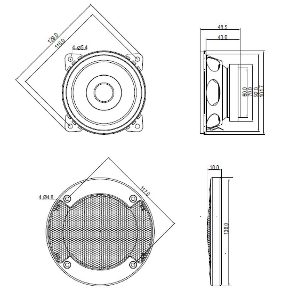 Diagramm einer Lautsprecherkomponente. Zeigt Draufsicht und Seitenansicht mit Abmessungen in Millimetern.