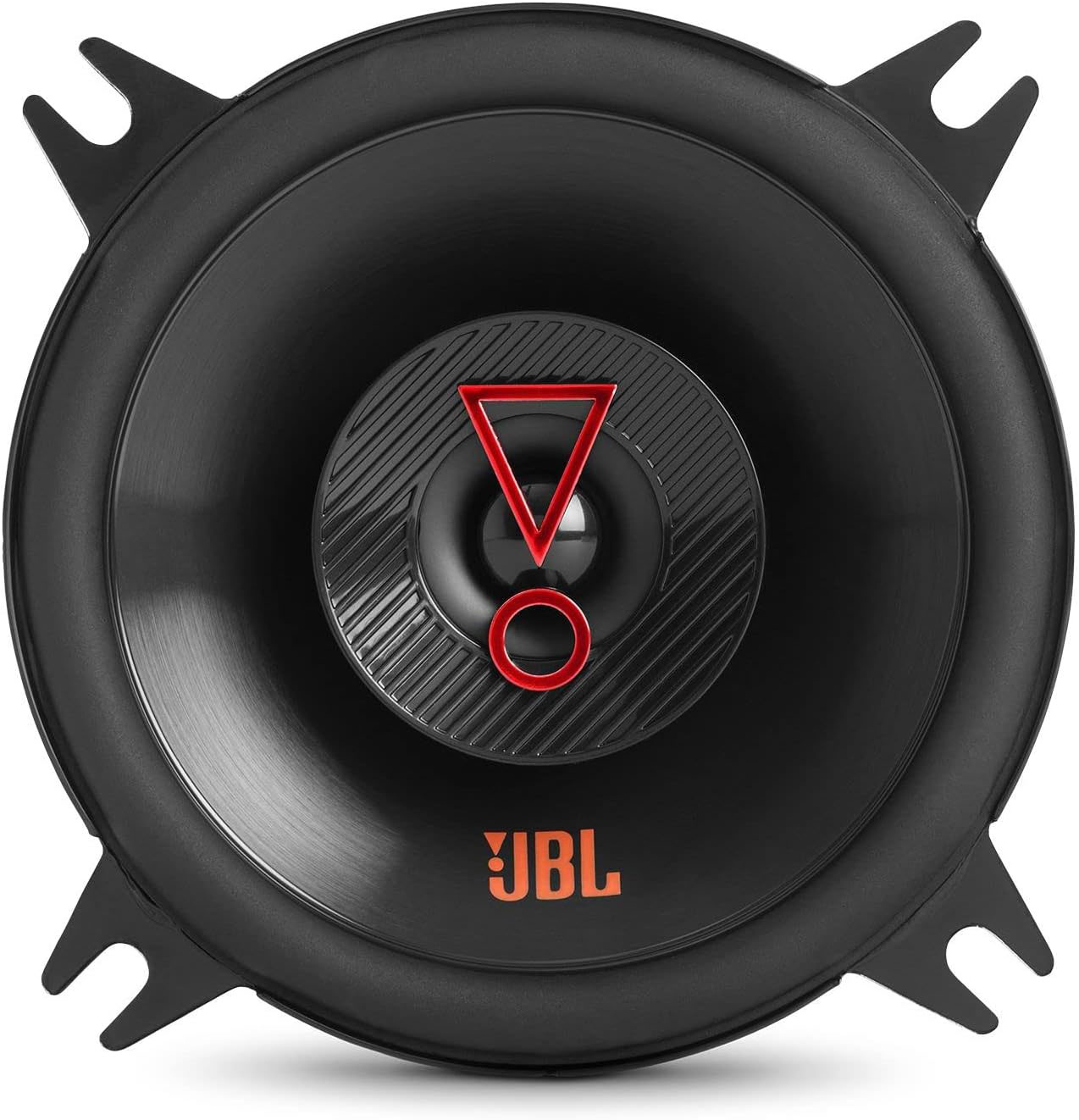 Un altoparlante per auto nero con logo JBL rosso e triangolo rosso al centro.