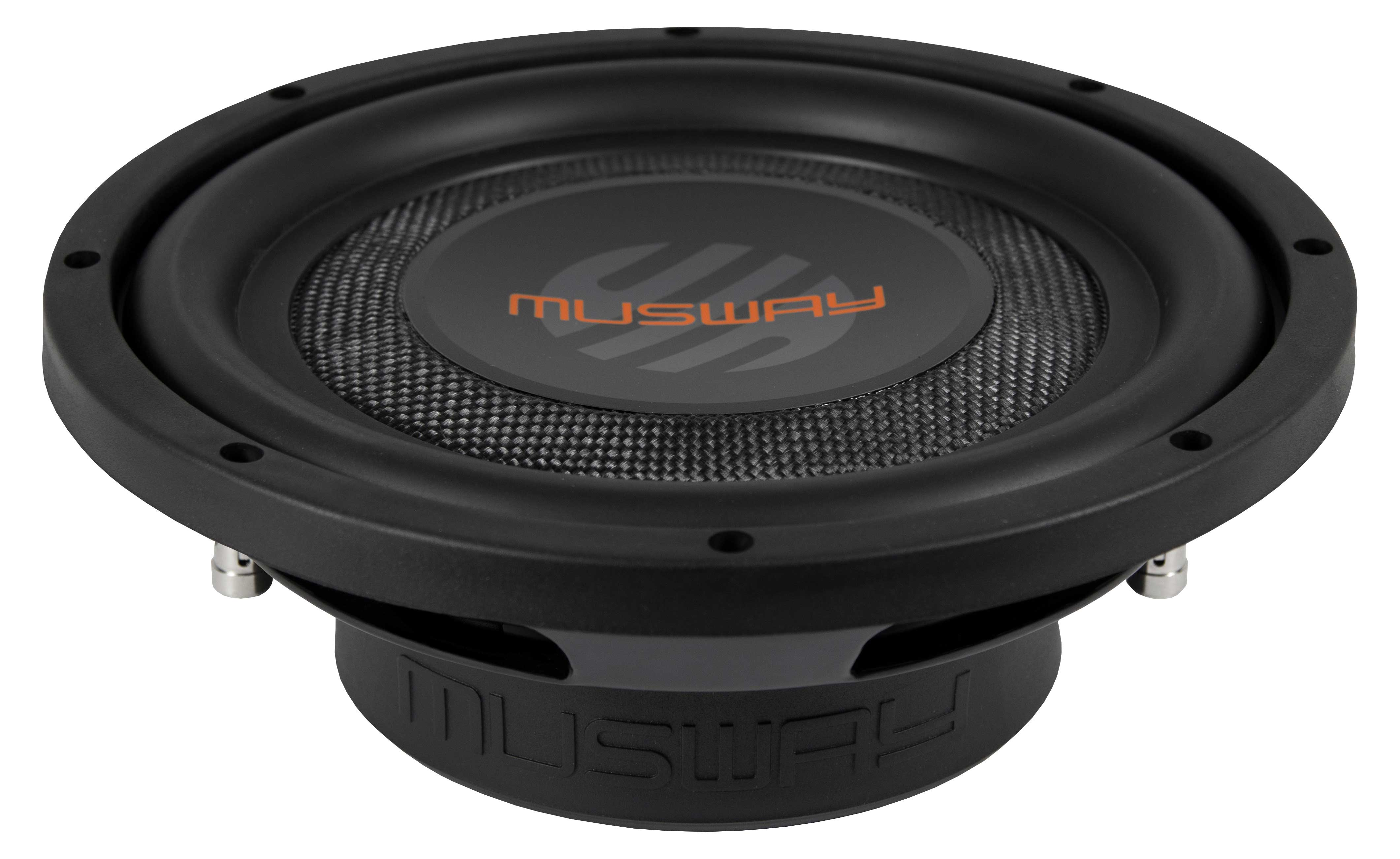 Schwarzer Subwoofer mit dem Namen MUSWAY. Die Mitte hat ein Netz.