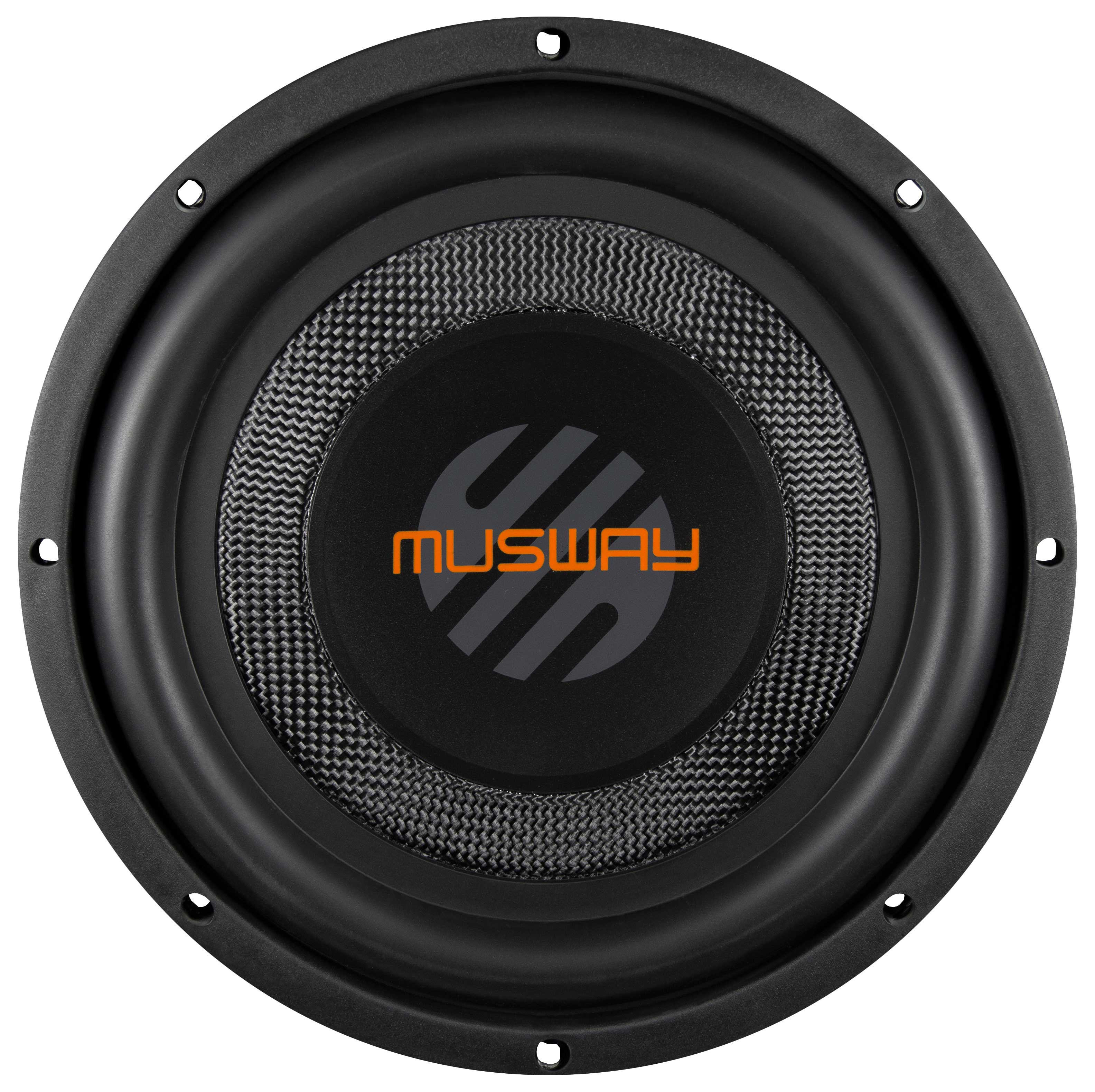 Schwarzer Subwoofer mit Musway-Logo in Orange auf grauem Zentrum.