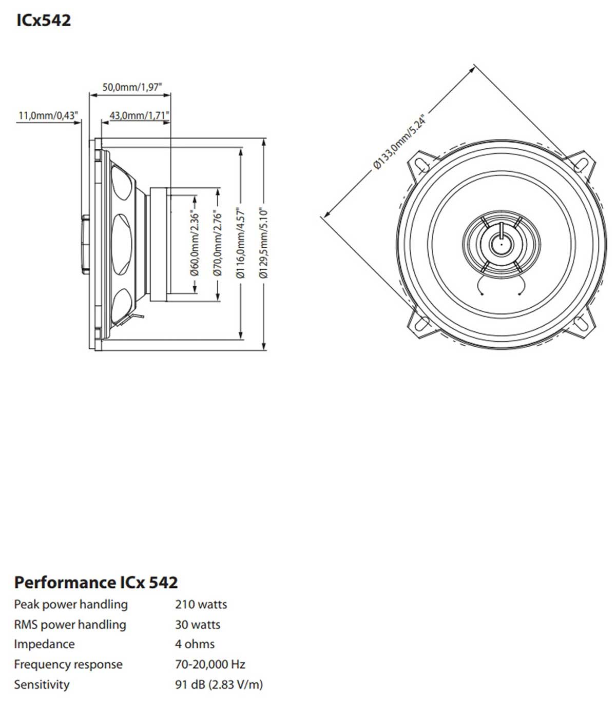Lautsprecherdiagramm mit Abmessungen und technischen Daten.