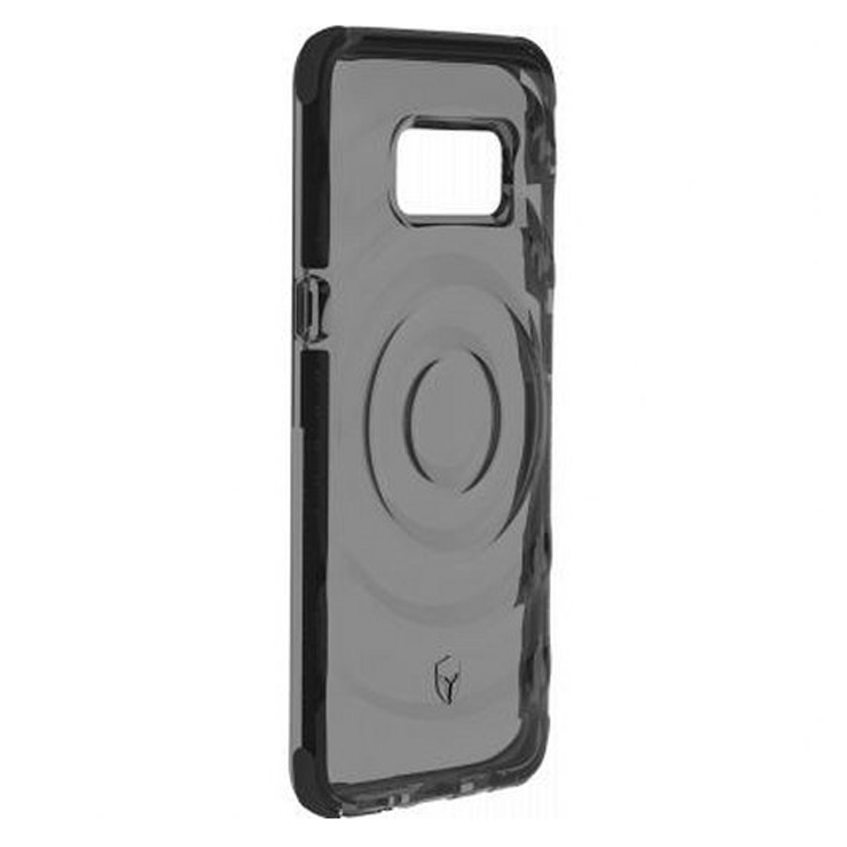 Una custodia trasparente per telefono con un ritaglio per la fotocamera. Ha un bordo nero.