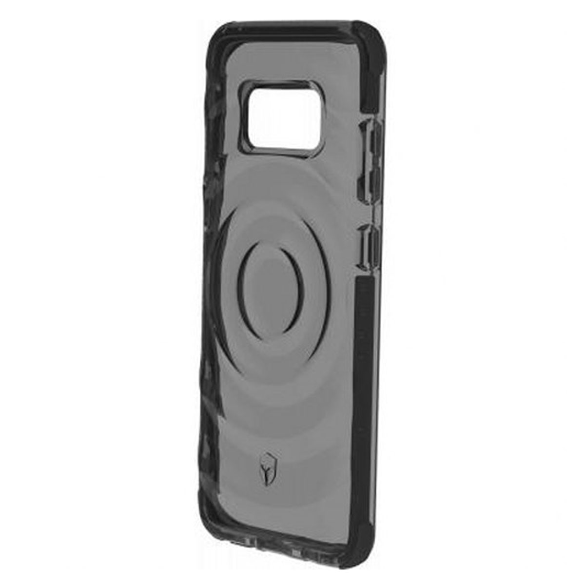 Una custodia trasparente per telefono. La custodia ha un bordo nero e un design circolare.