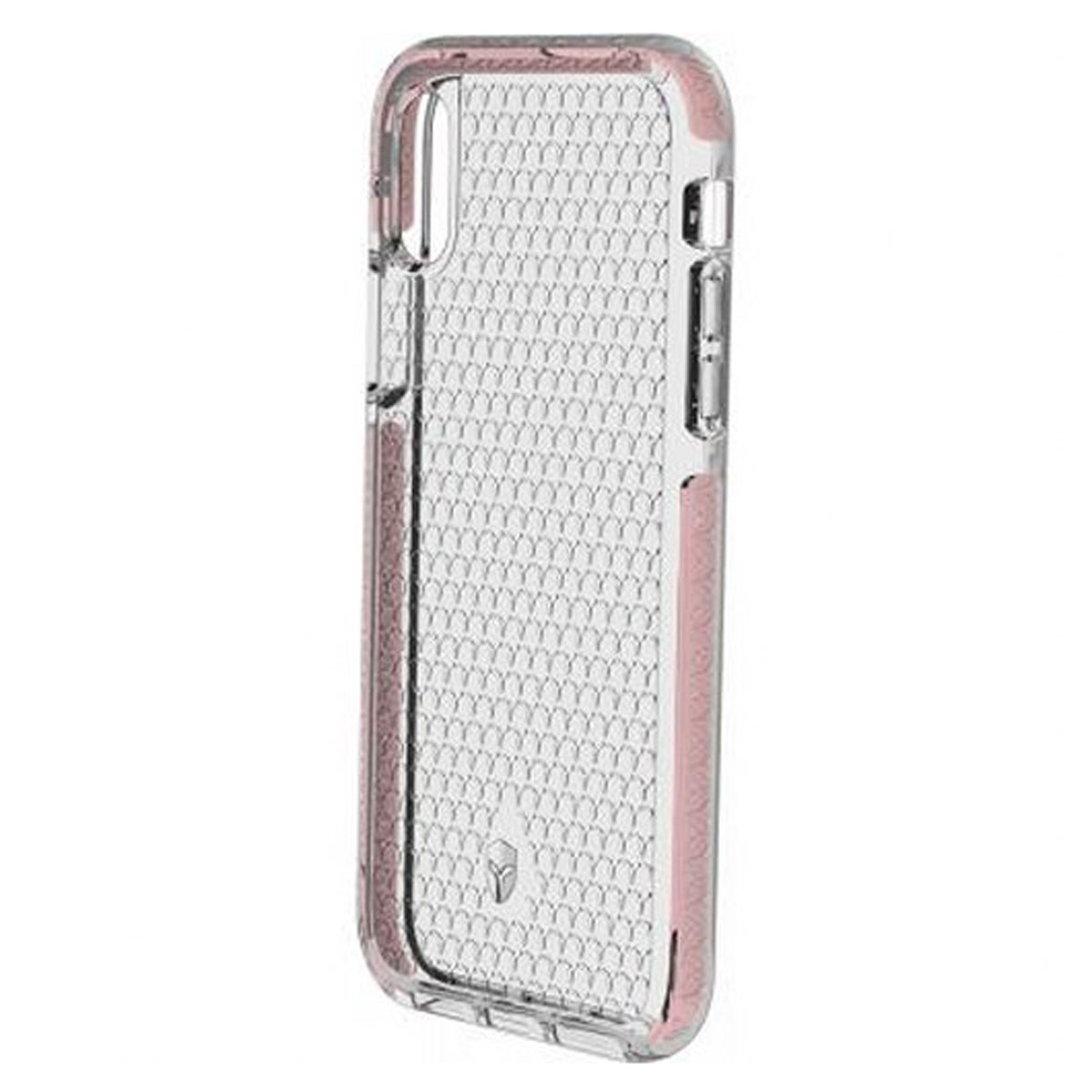 Transparente Handyhülle mit rosa Verkleidung. Die Rückseite hat ein sich wiederholendes Y-Muster. Auf weißem Grund.
