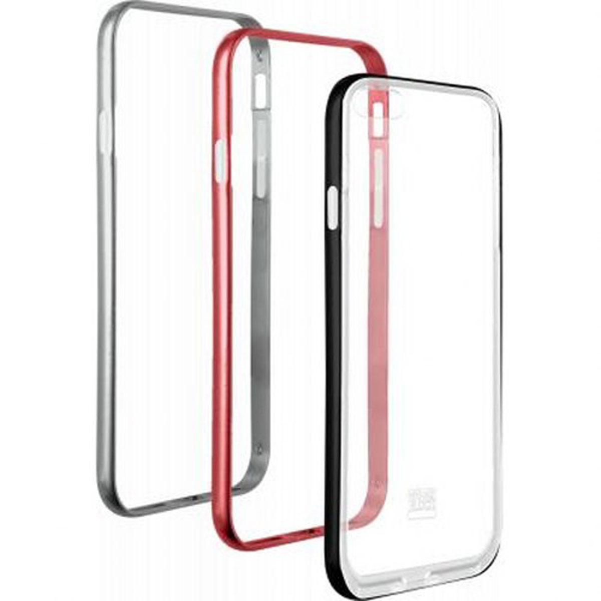 Tre custodie per telefoni in argento, rosso e nero. Le custodie sono trasparenti e hanno cornici colorate.