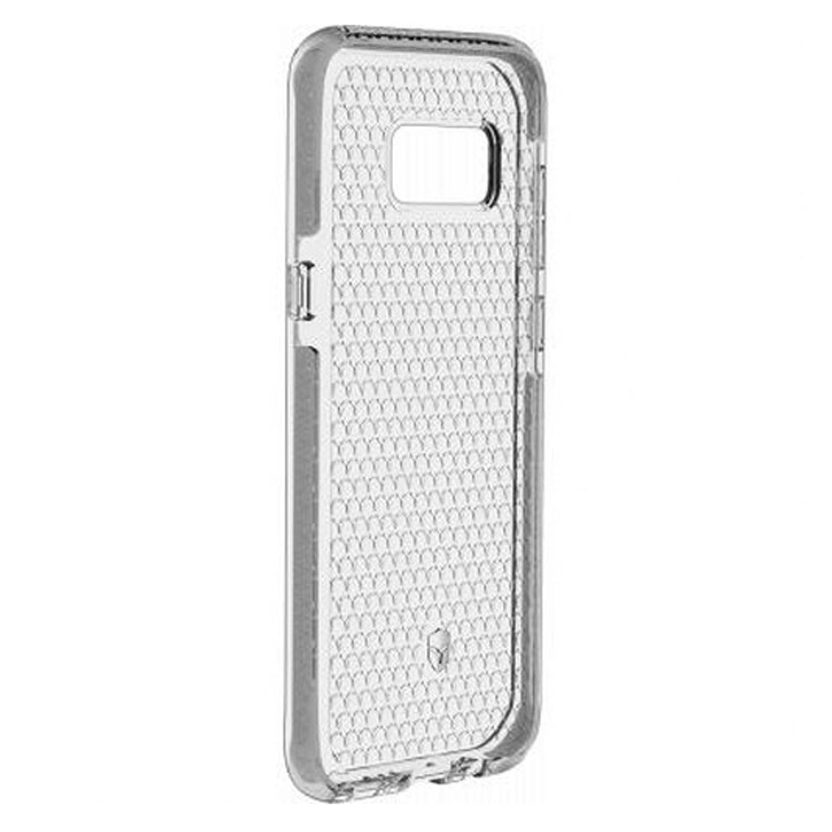 Una custodia trasparente per telefono con un motivo a nido d'ape sul retro e un design trasparente.