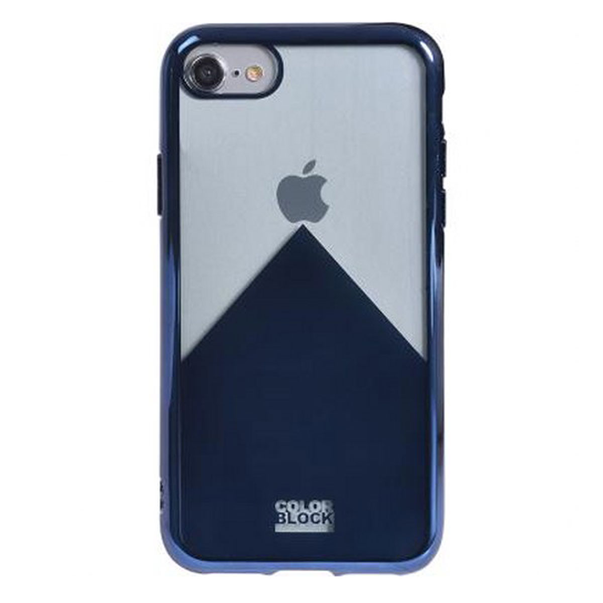Custodia per iPhone blu e trasparente con un design a triangolo blu scuro. Ha il logo Apple.
