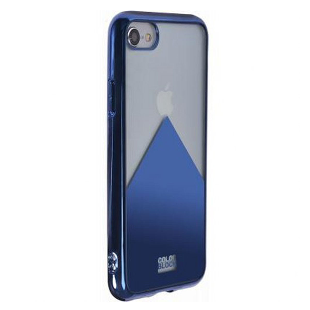 Una custodia blu per telefono con un design a triangolo e il logo 'COLOR BLOCK' sul lato.