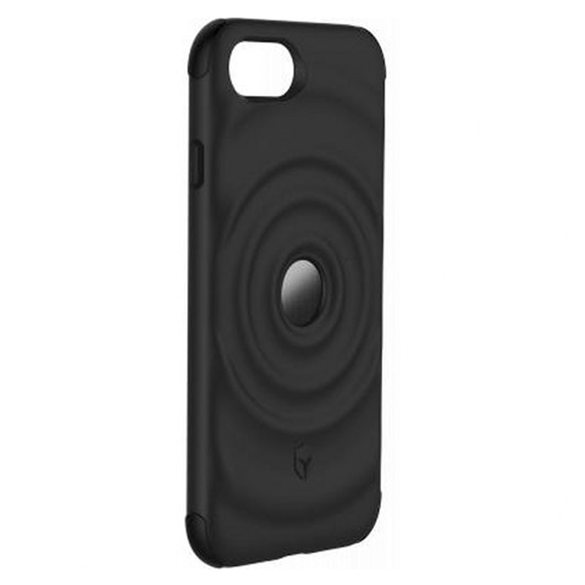 Custodia nera per telefono con design circolare sul retro.
