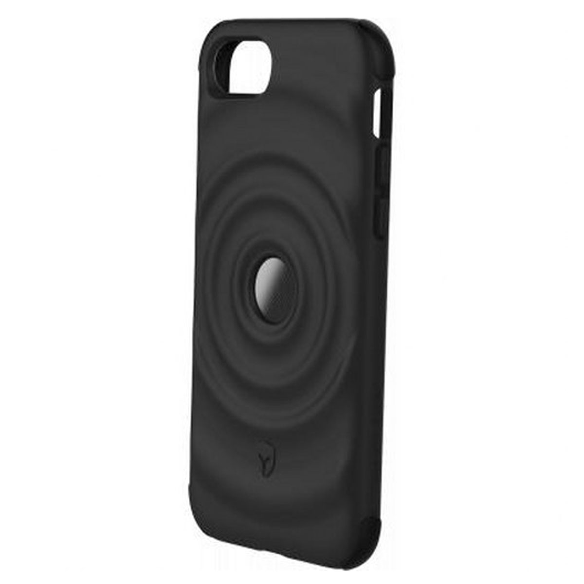 Custodia nera per telefono con un design unico. Ha un motivo circolare sul retro.