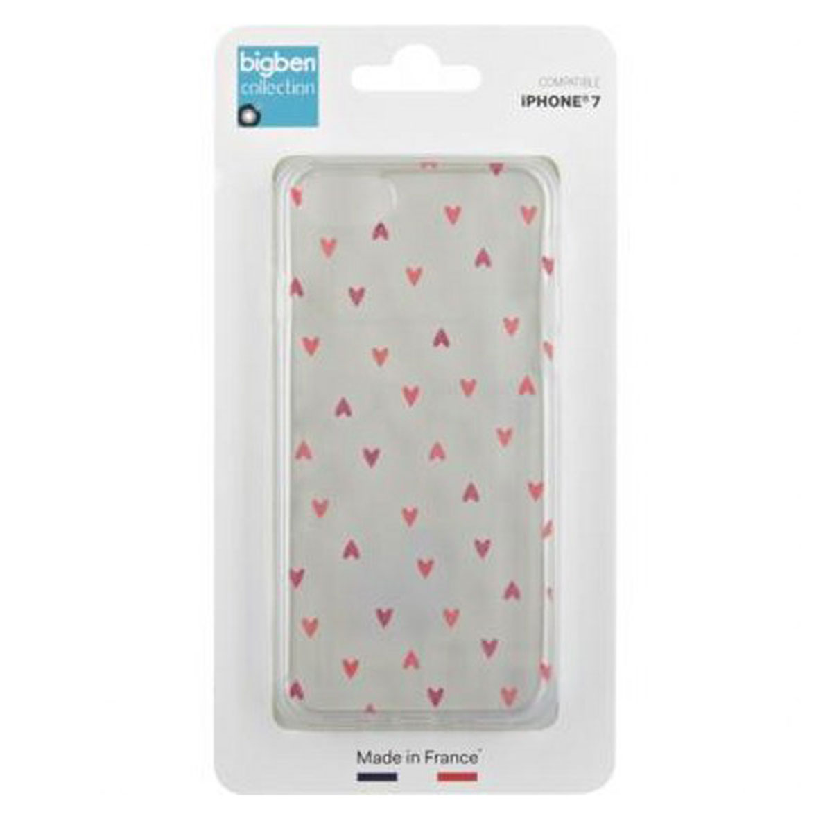 Una custodia trasparente per telefono con cuori rosa. Nella sua confezione originale bianca.