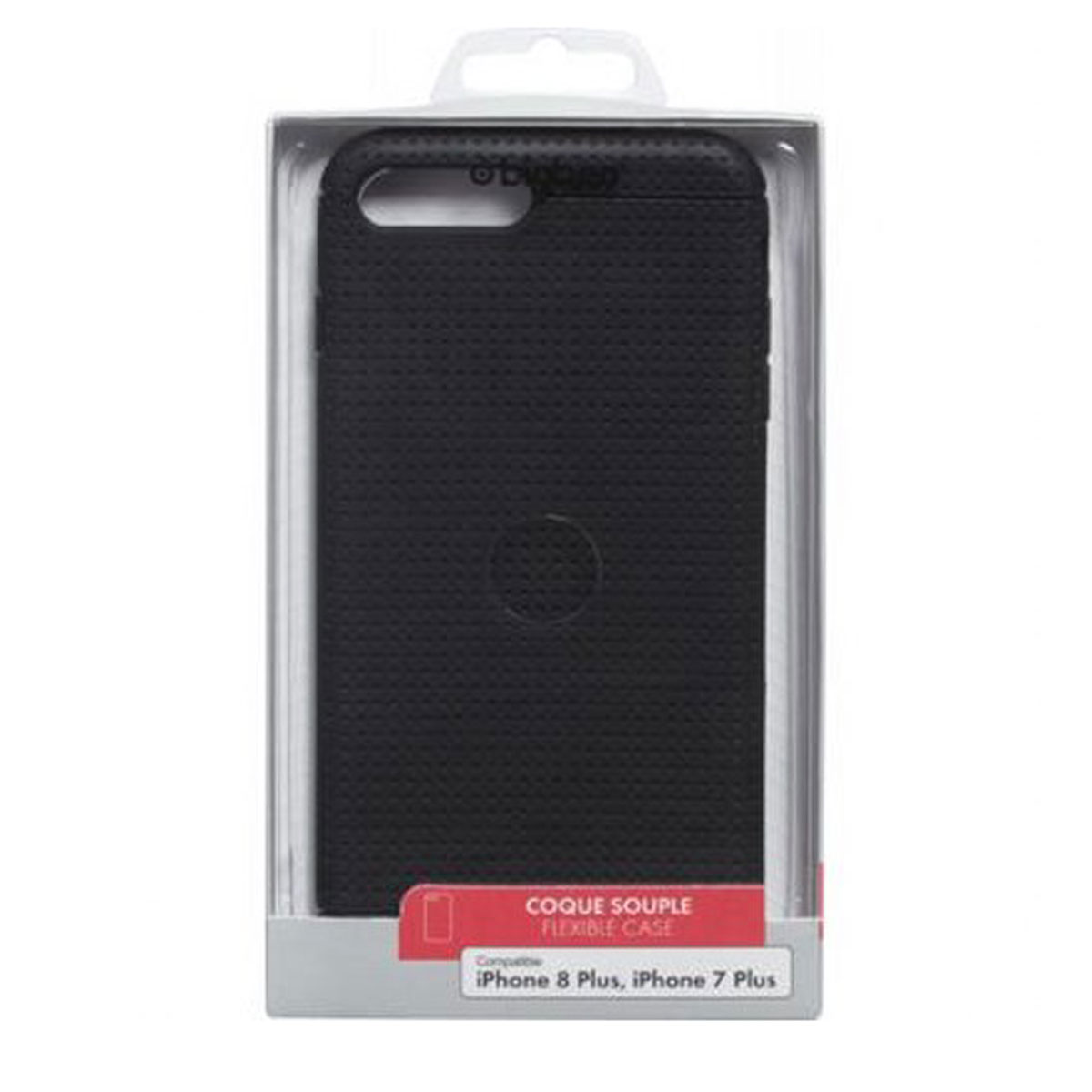 Una custodia per telefono nera in una confezione di plastica trasparente, con la scritta 'FLEXIBLE CASE'.