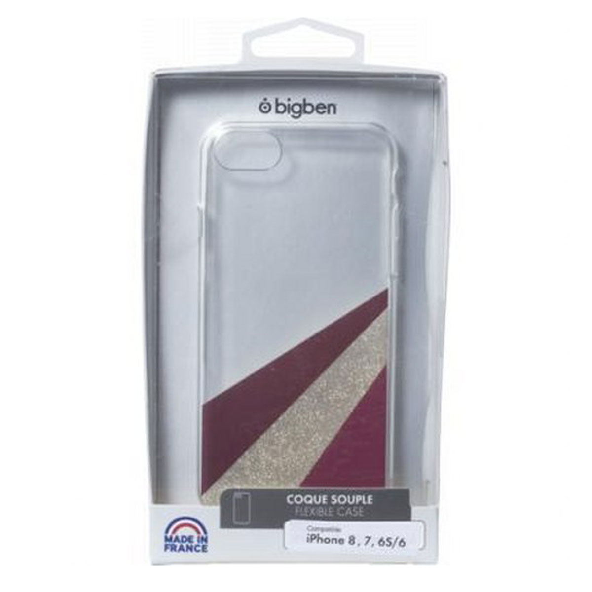 Custodia per telefono nella confezione. Custodia trasparente con design bordeaux e argento. Etichetta Made in France.