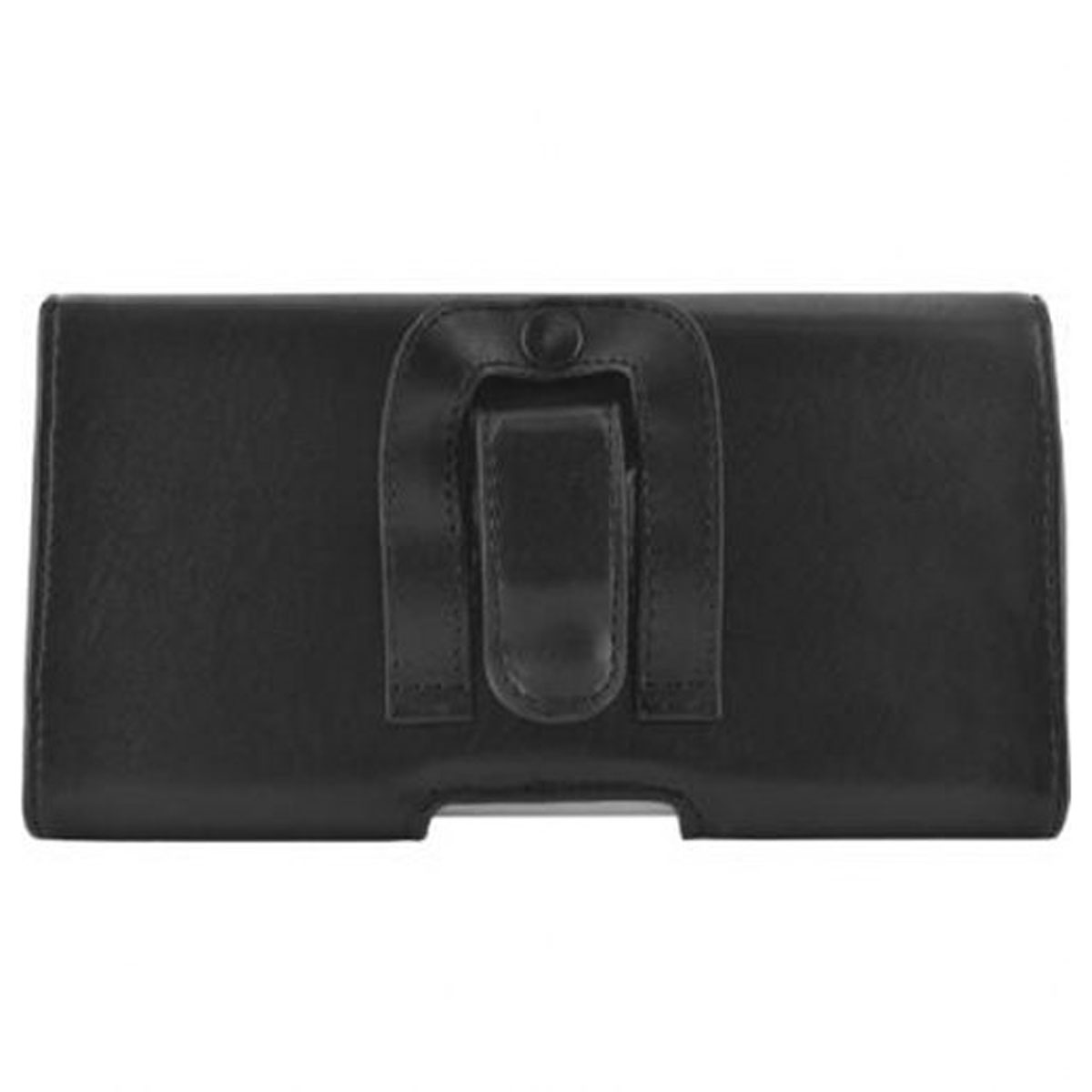 Schwarze Leder-Handyhülle mit Gürtelclip, geschlossen und rechteckig.