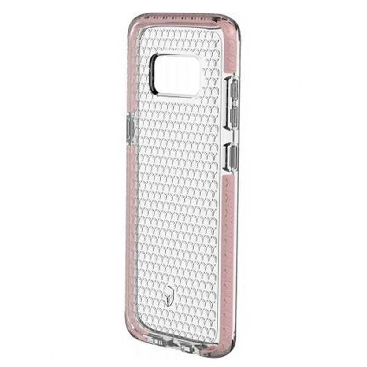 Una custodia trasparente per telefono con bordi rosa. La custodia è trasparente con un motivo a nido d'ape.