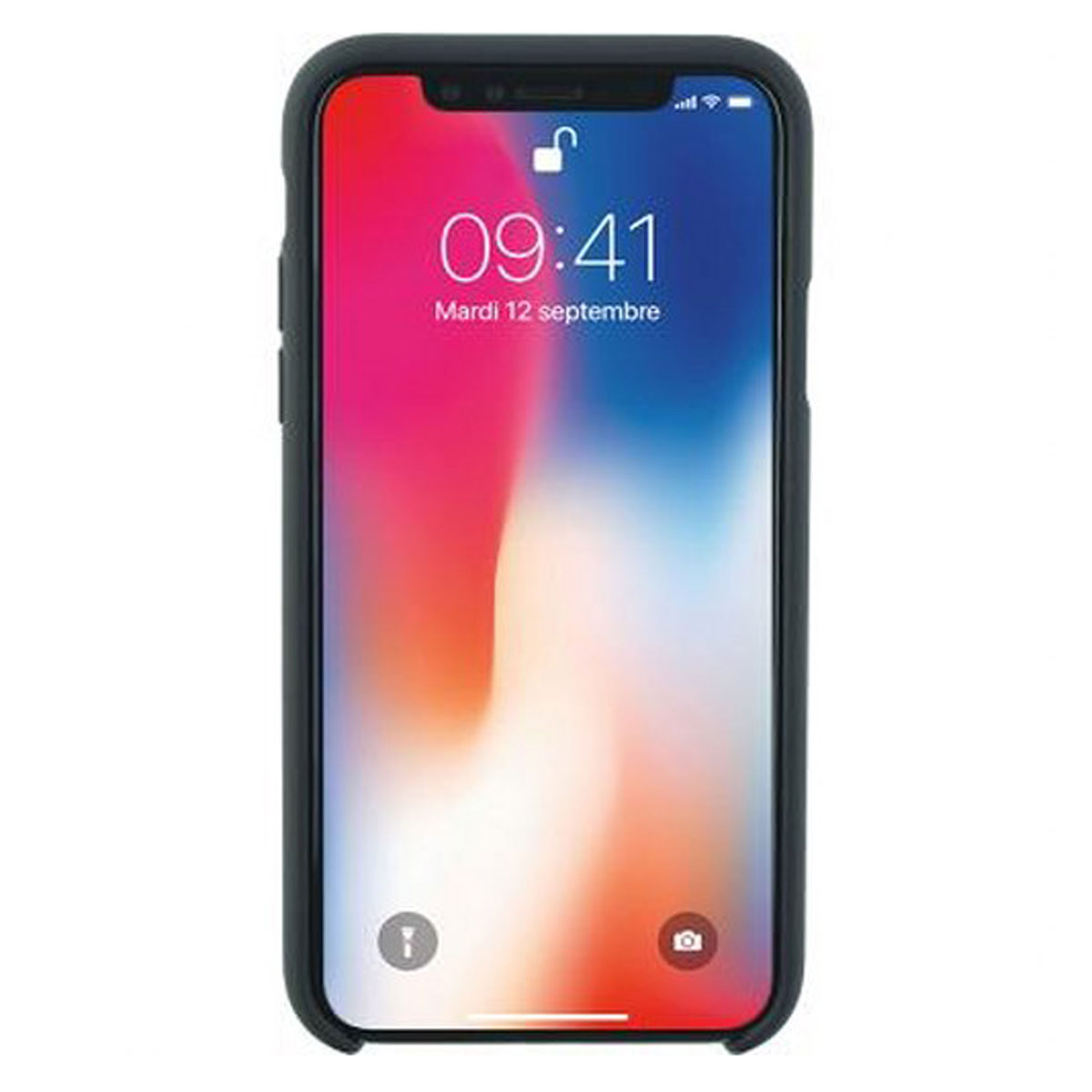 Schwarzes iPhone in einer schwarzen Hülle, das die Uhrzeit und ein Schloss-Symbol zeigt.