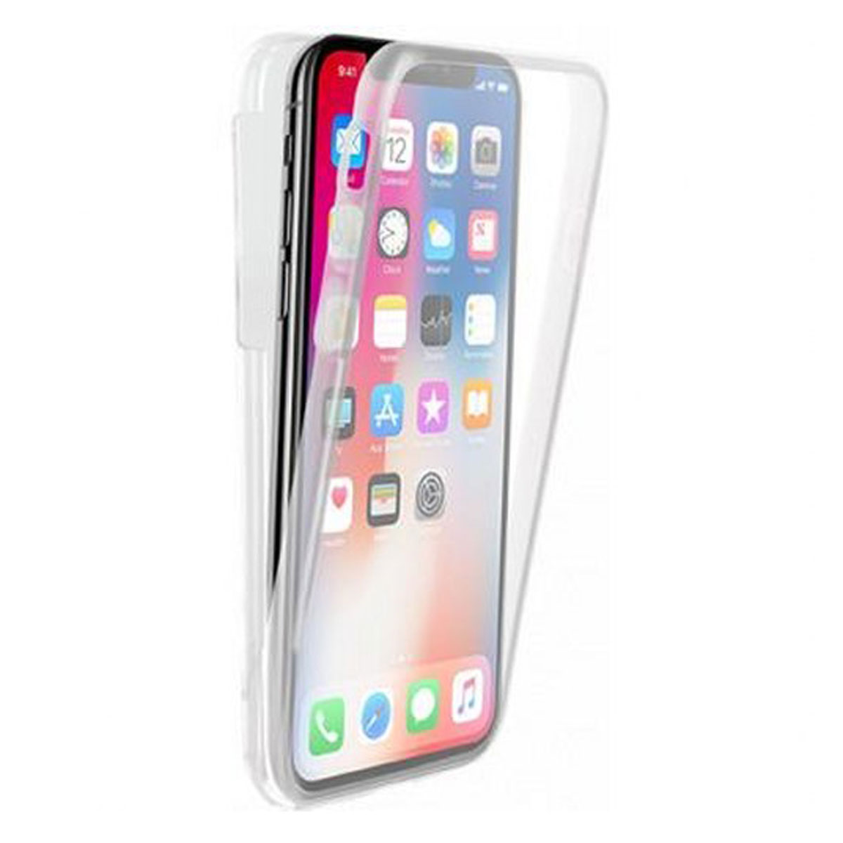 Ein iPhone in einer transparenten Schutzhülle, das den Bildschirm des Telefons mit Apps zeigt.