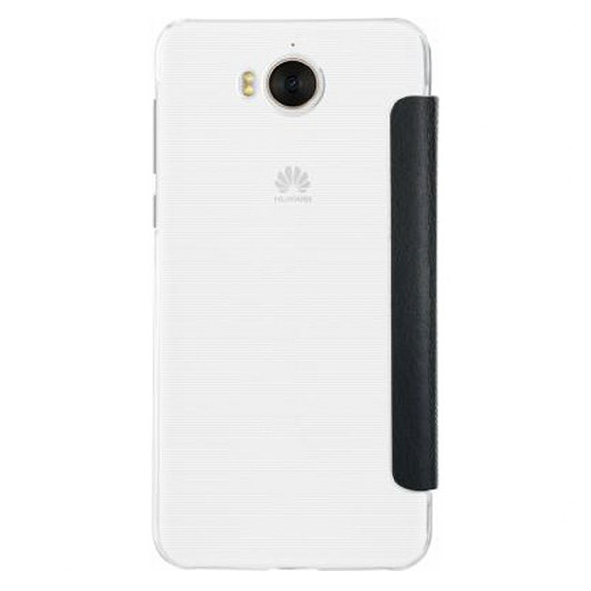 Un telefono bianco e una custodia nera. Il telefono ha una fotocamera. Sfondo bianco.