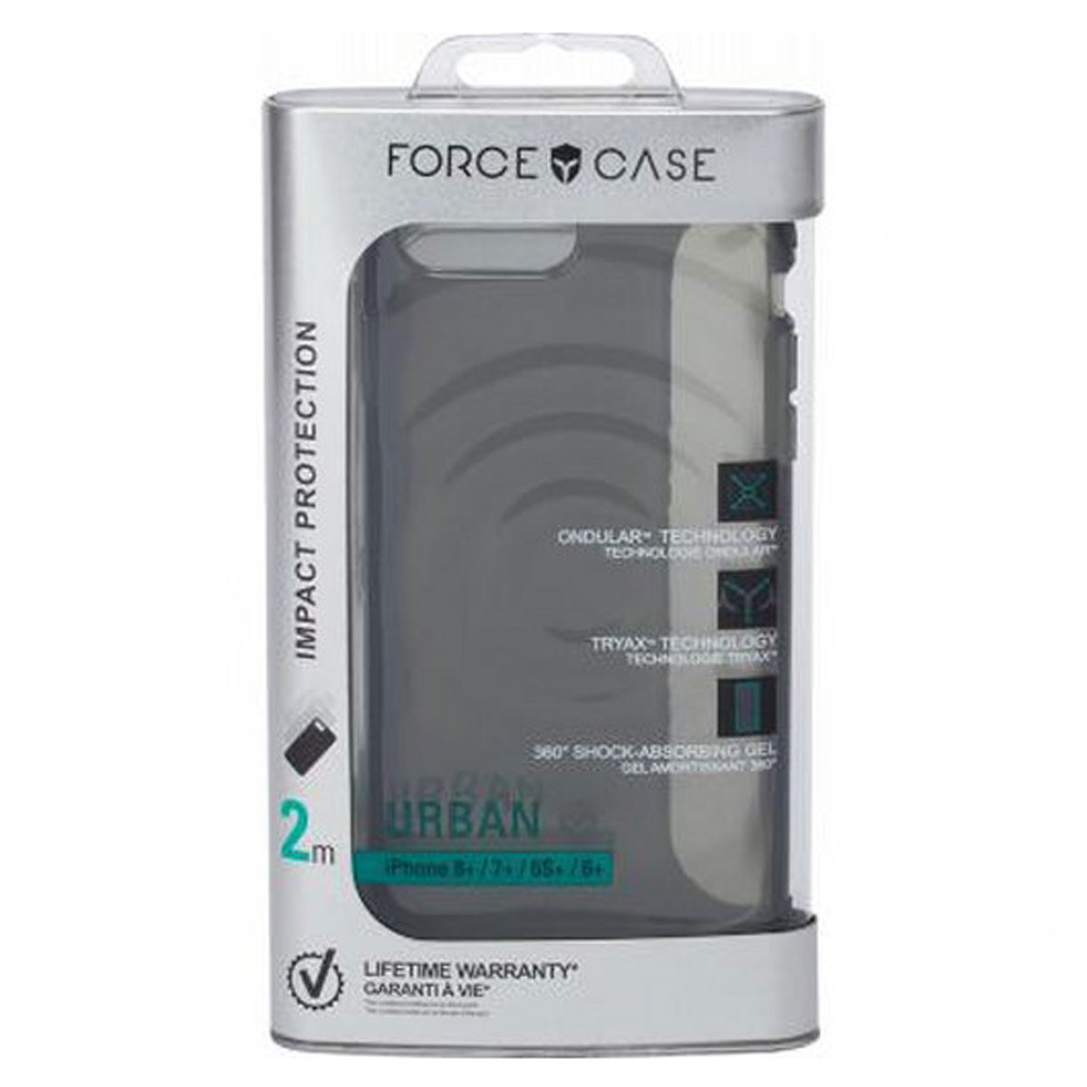 Custodia nera per telefono in un pacchetto di plastica trasparente, con caratteristiche del prodotto.