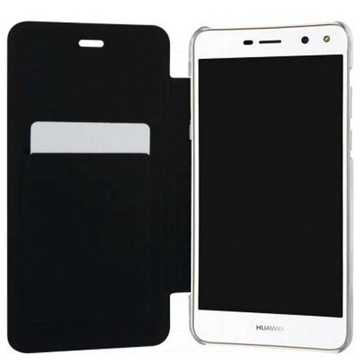 Una custodia per telefono nera aperta, che mostra un telefono bianco con il logo Huawei, su sfondo bianco.
