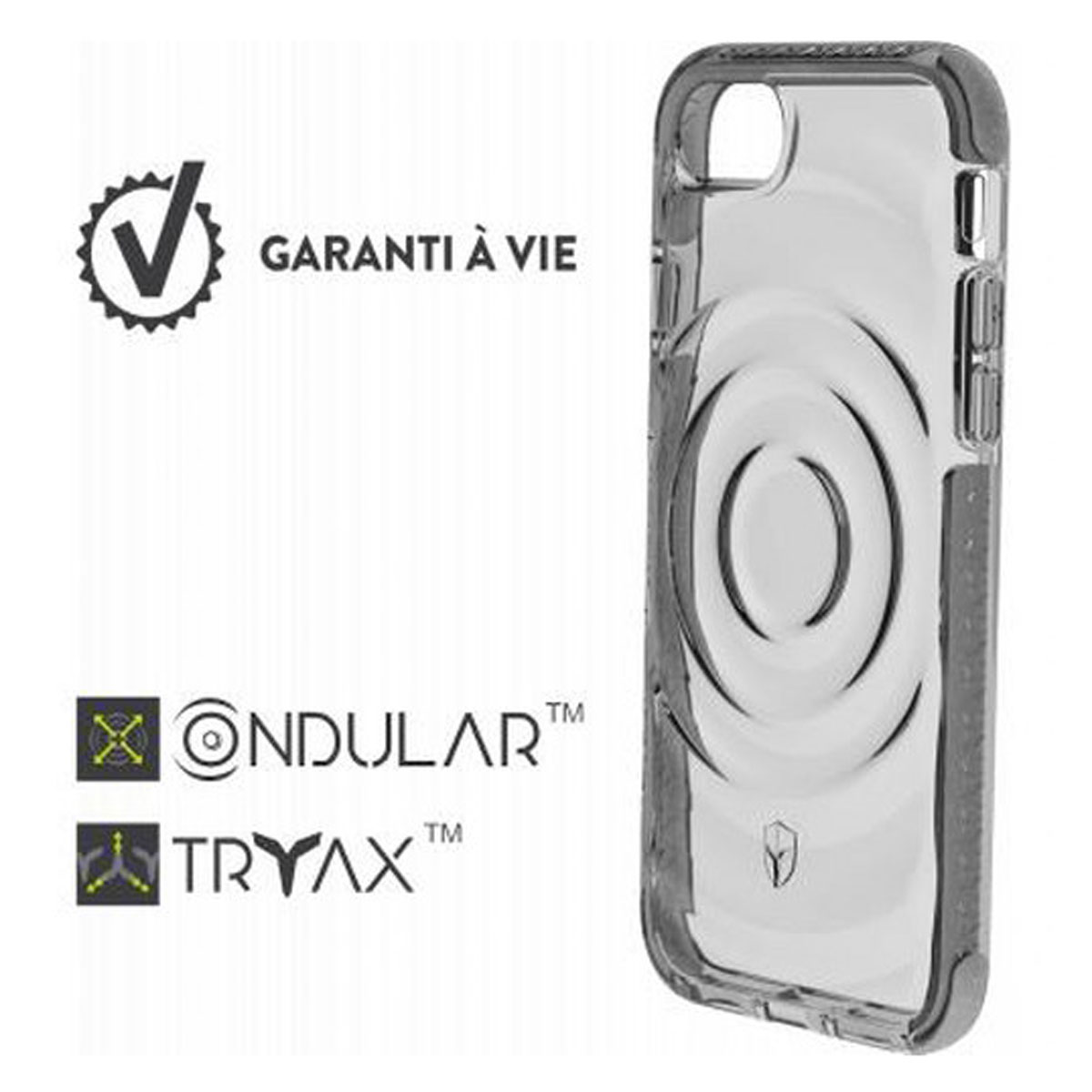 Una custodia trasparente per telefono con bordo bianco e loghi su sfondo bianco.
