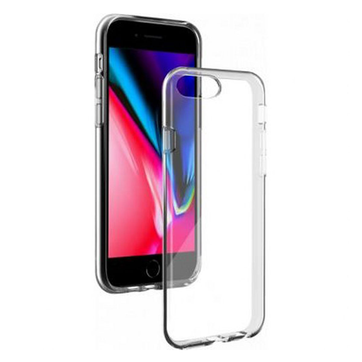 Una custodia trasparente per telefono accanto a un telefono con schermo colorato.