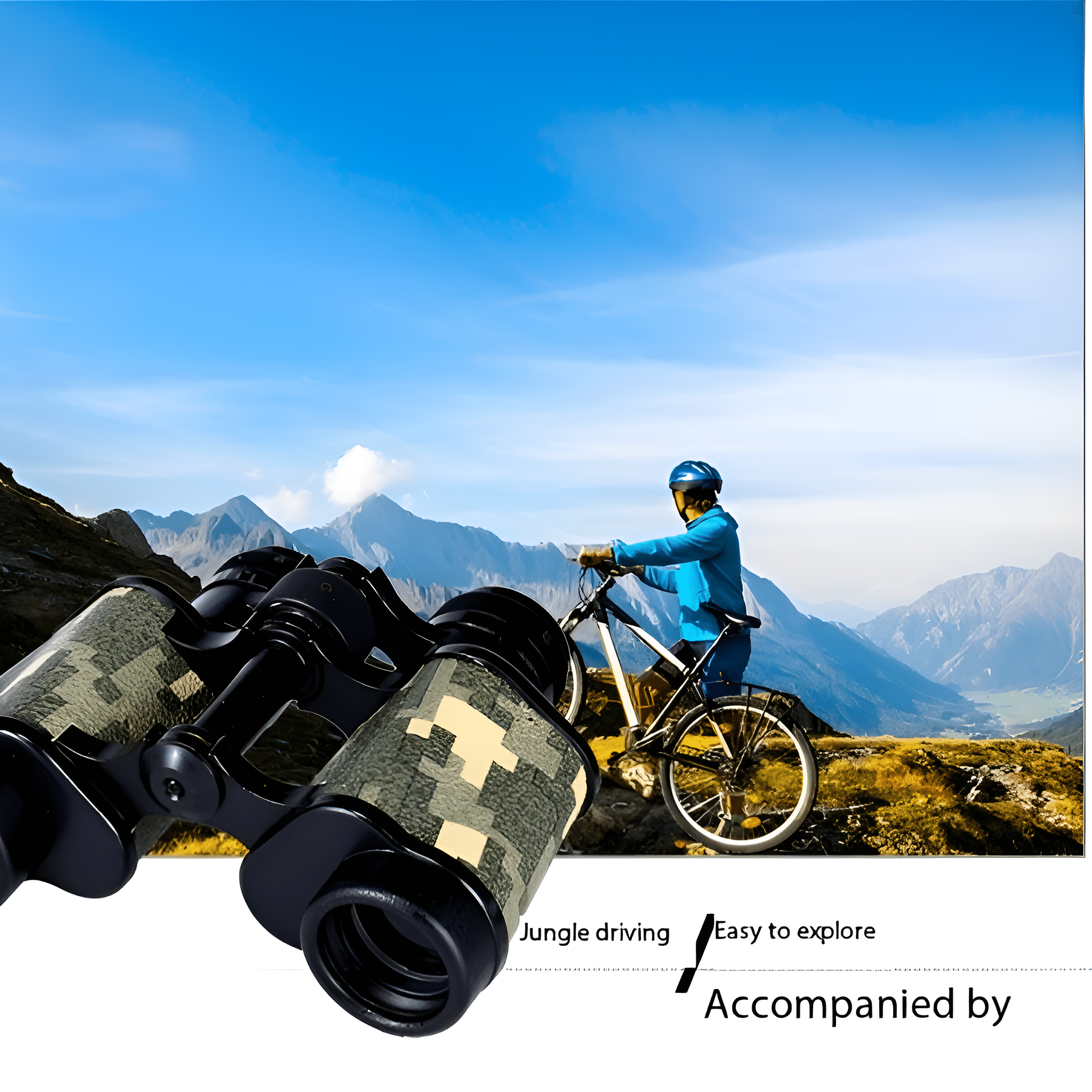 Fernglas mit einem Mann, der in einem Gebirge unter blauem Himmel Fahrrad fährt.