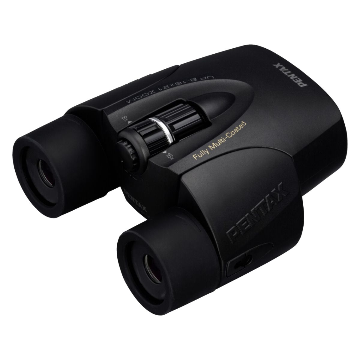 Black binoculars with 'PENTAX' on each side. A central focus dial is visible. The binoculars have a black finish.