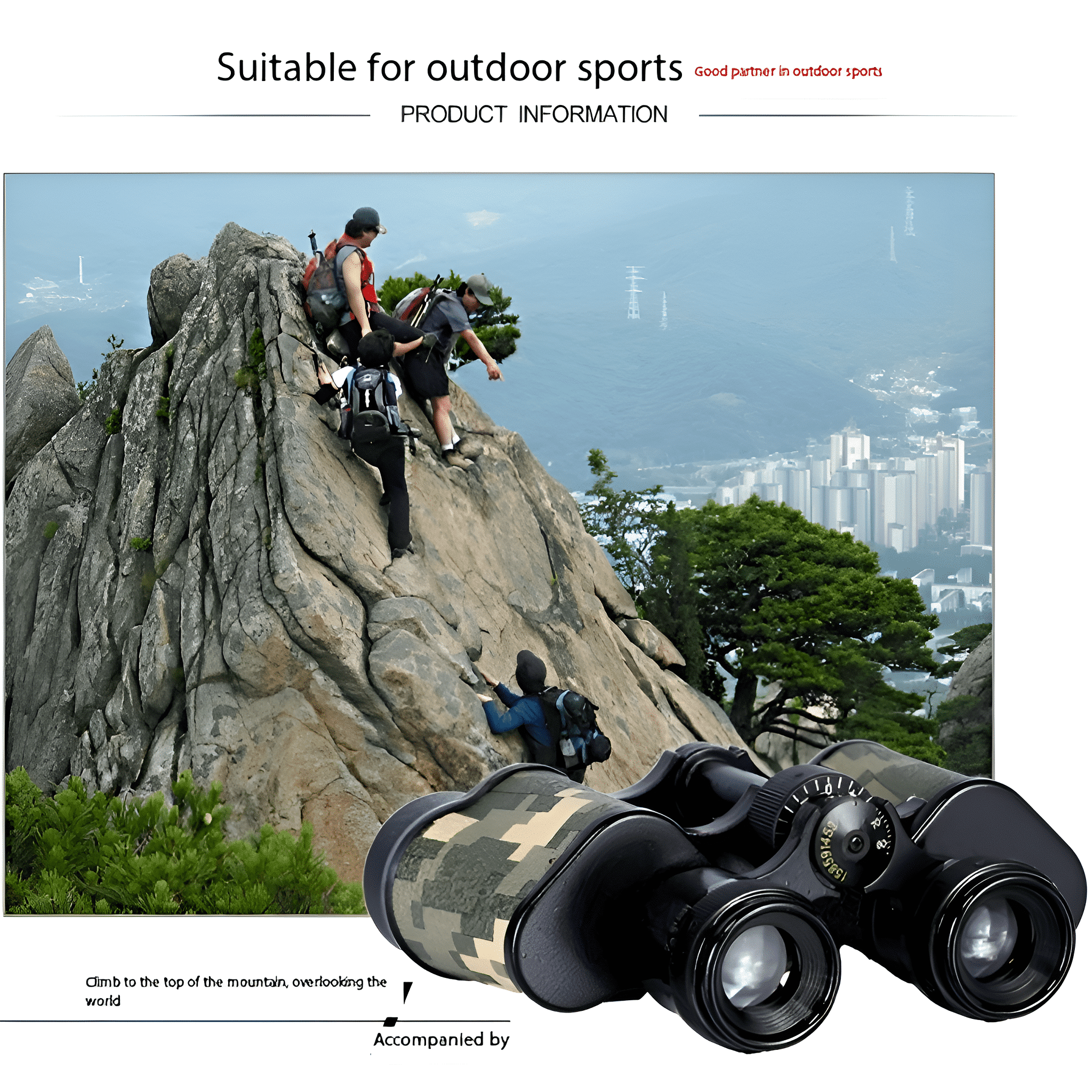 Menschen klettern einen Berg, Fernglas im Vordergrund. Landschaft umfasst Berge, Menschen und Fernglas.