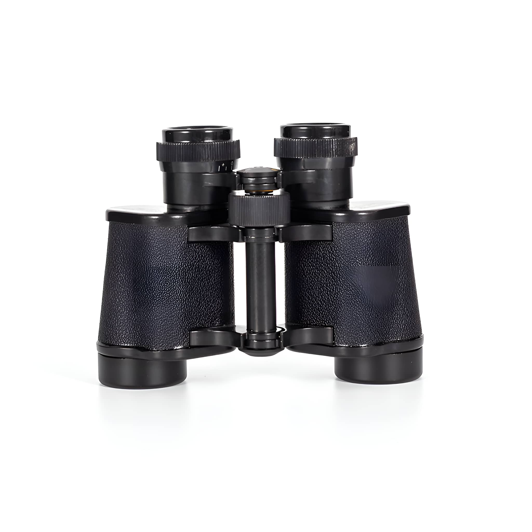 Schwarzes Fernglas mit schwarzem Fokusrad und Okularen. Weißer Hintergrund.