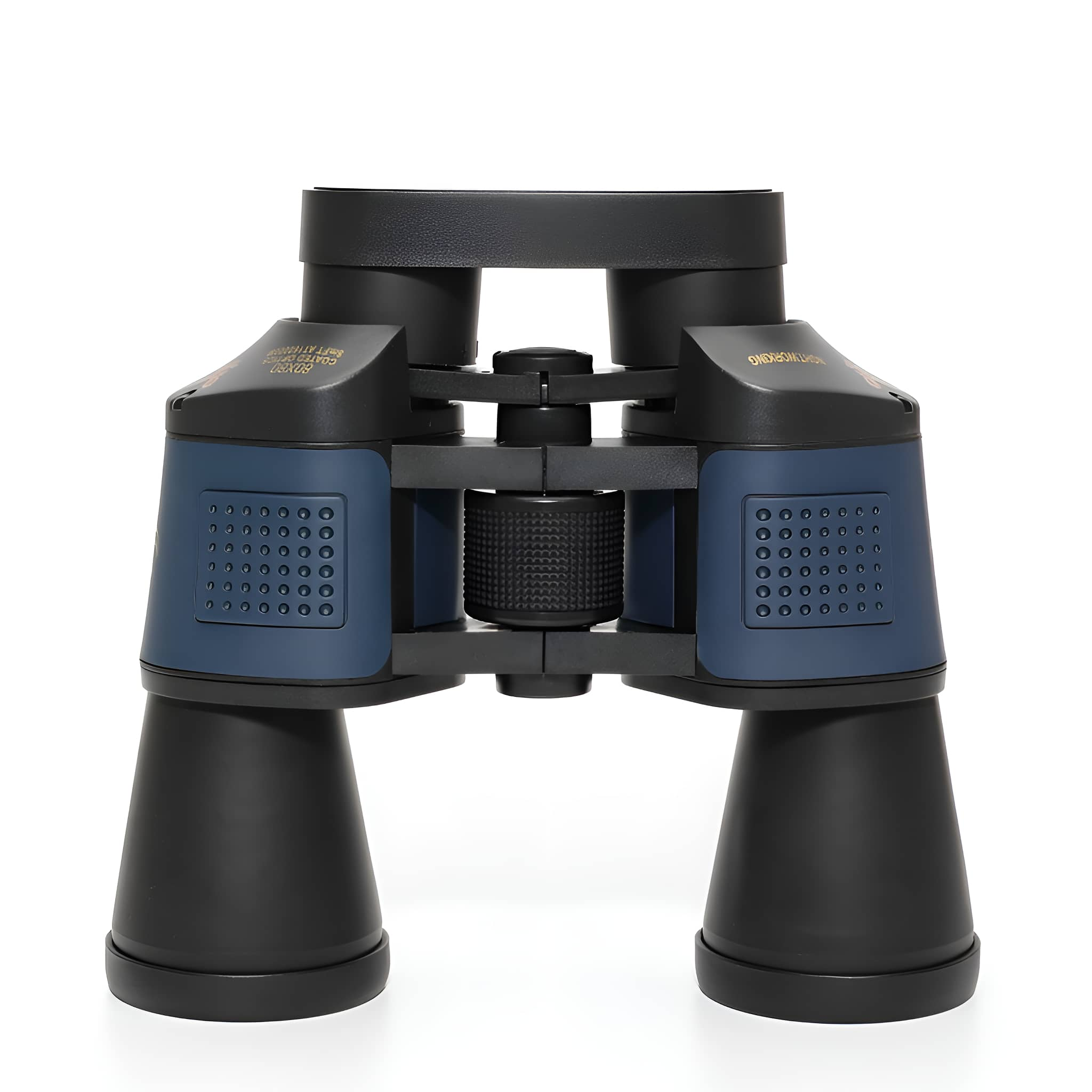 Fernglas mit schwarzem und blauem Gehäuse auf weißem Hintergrund.