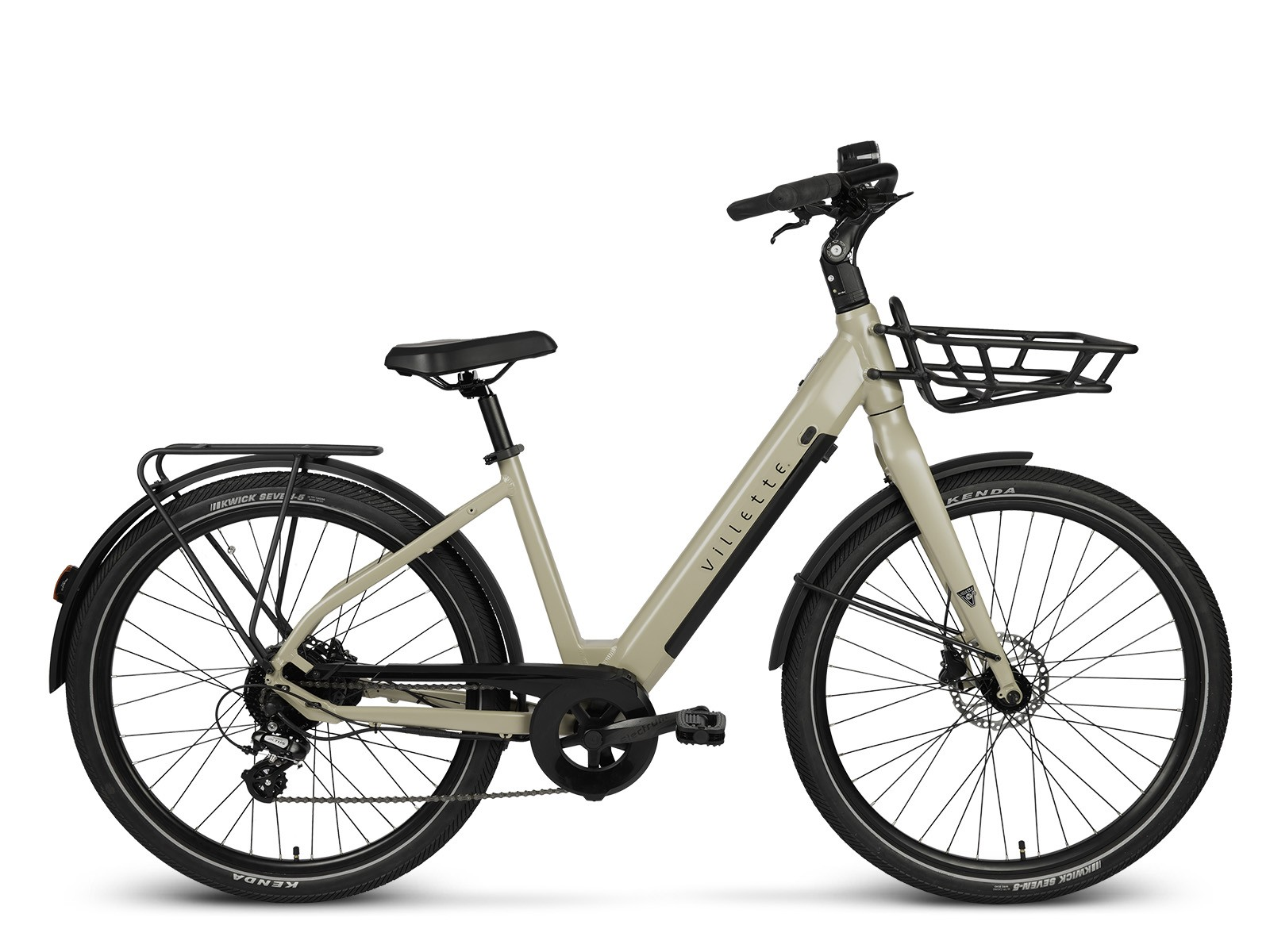 Beiges Villette-Fahrrad mit schwarzem Korb und Kenda-Reifen auf weißem Grund.