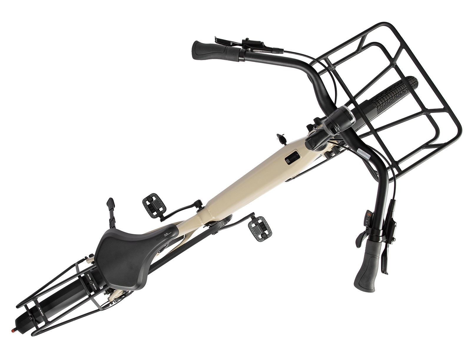 Ein Fahrrad von oben gesehen, mit Korb, Sattel und Lenker, auf weißem Hintergrund.
