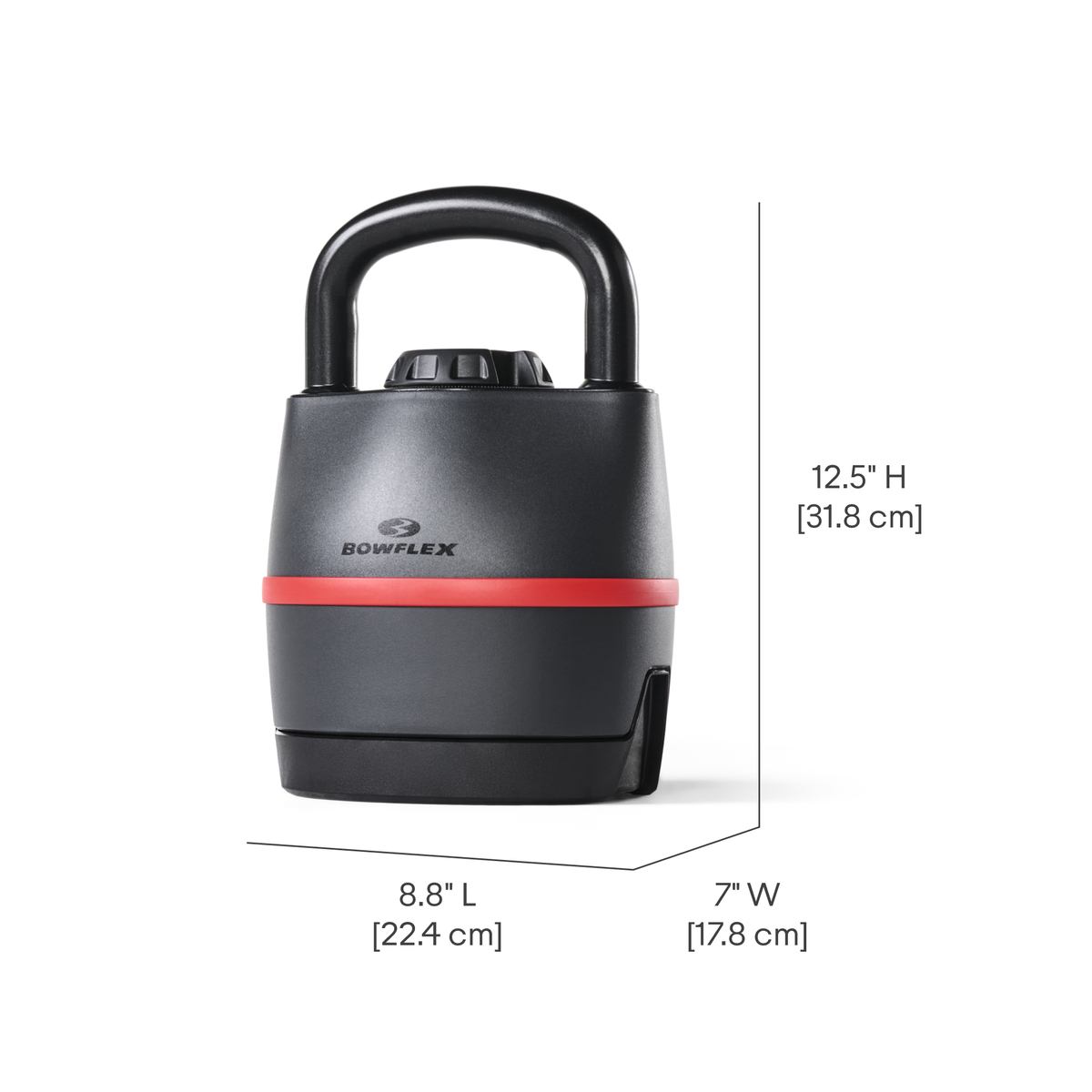 Kettlebell ajustable Bowflex negro con dimensiones mostradas.