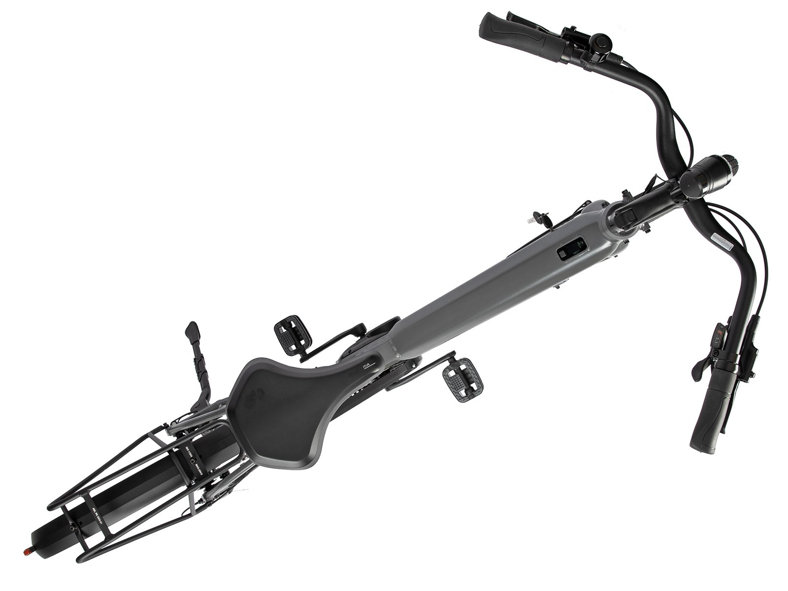 Ein graues Fahrrad von oben gesehen. Lenker und Sattel sind sichtbar, auf weißem Hintergrund.