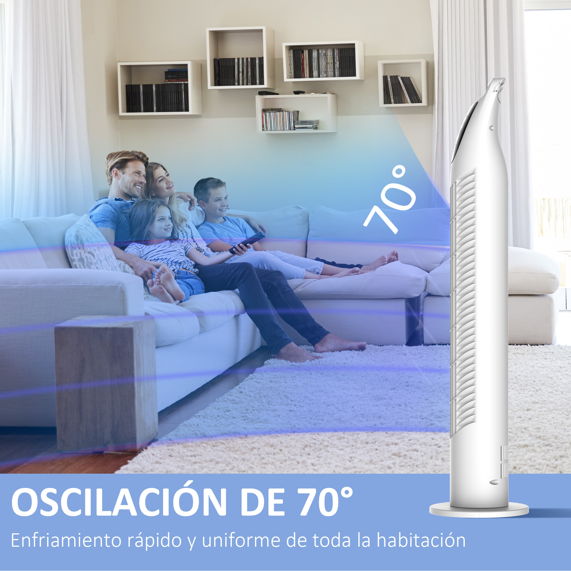 Familia ve la televisión, un ventilador blanco sopla aire a 70 grados. El texto dice 'Oscilación de 70°'.