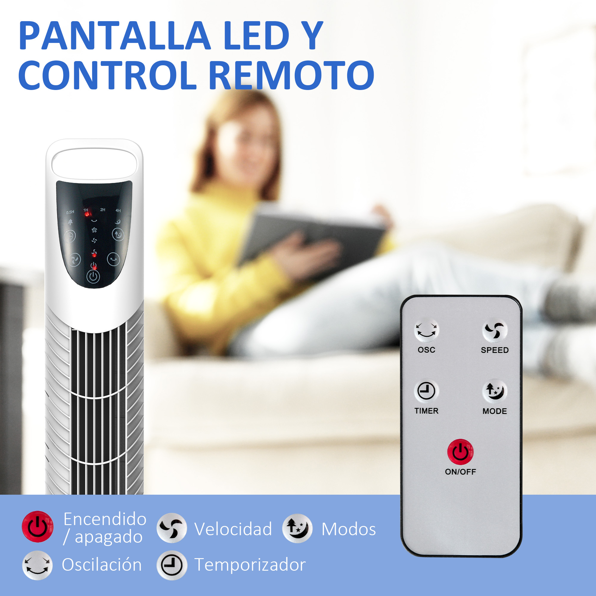 Un ventilador blanco con panel de control y mando a distancia. Mujer en el sofá al fondo.