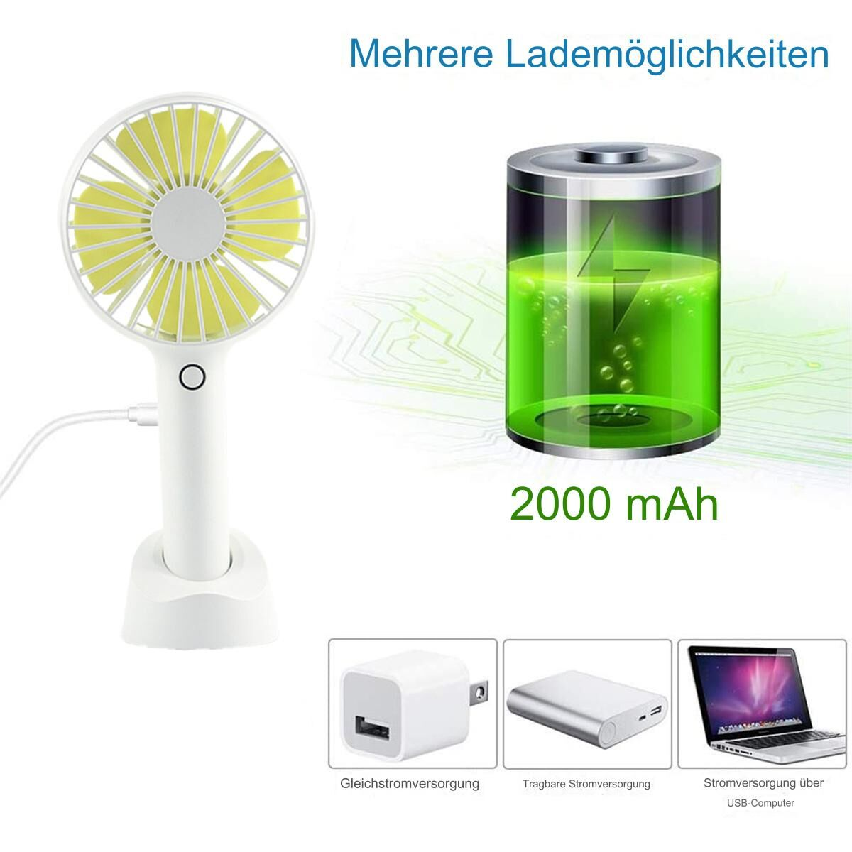 Ein kleiner weißer Ventilator mit gelben Flügeln und Ladeanschluss, mit Batterie- und Ladesymbolen.