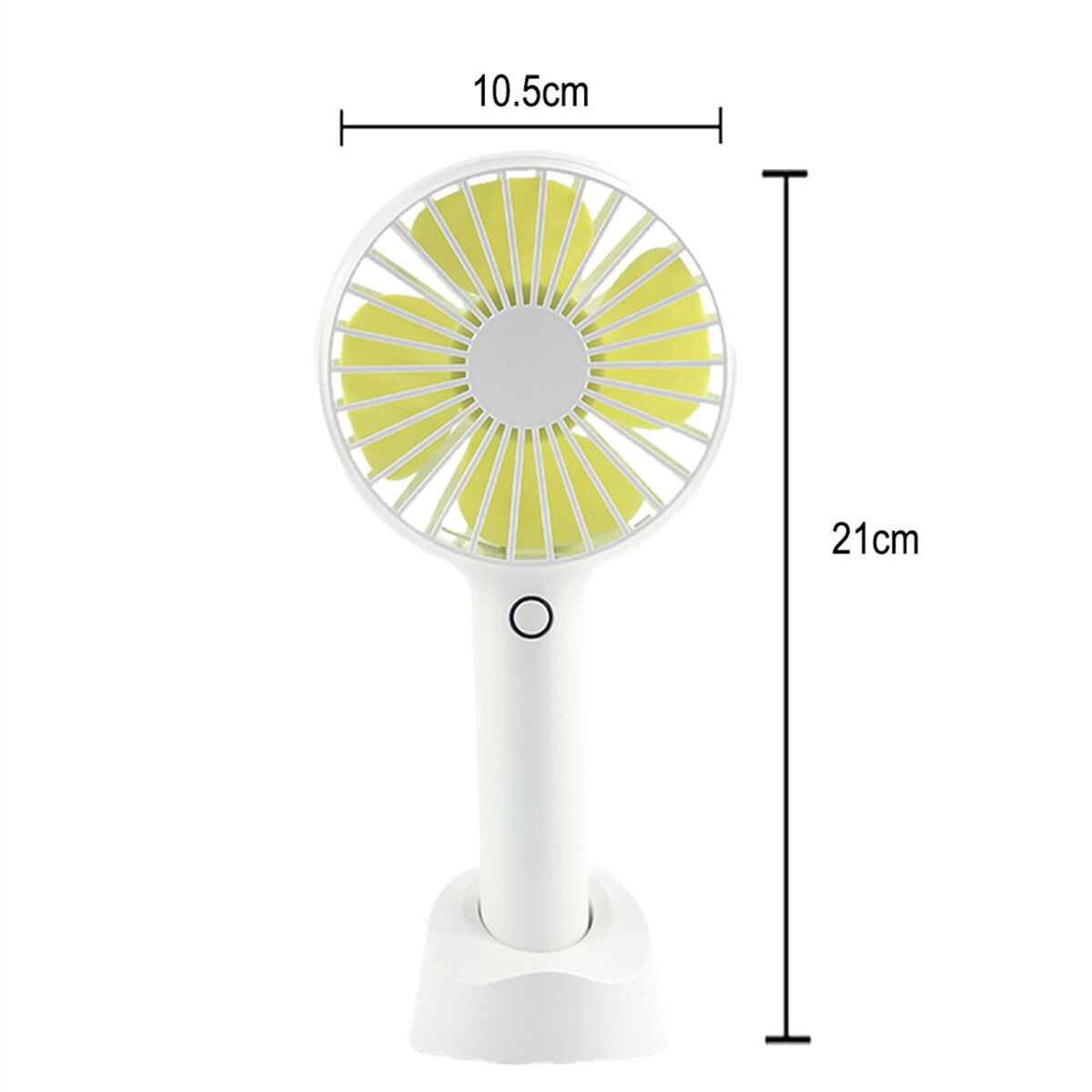 Ein weiß-gelber tragbarer Ventilator mit den Maßen 10,5 cm und 21 cm, weißer Hintergrund.