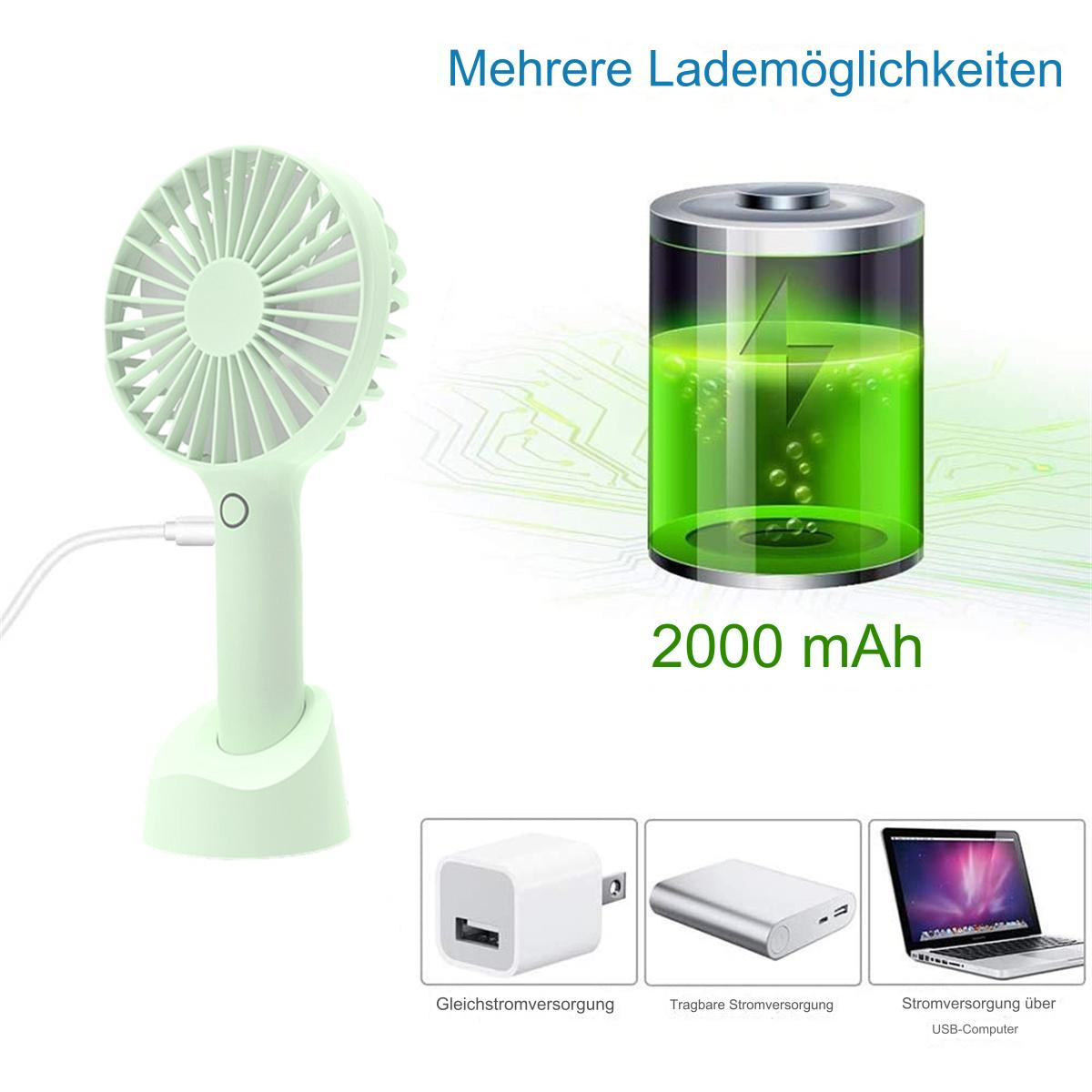 Grüner Handventilator auf weißem Ständer. Eine Batterie zeigt die Energie. Bilder von Ladegeräten unten.