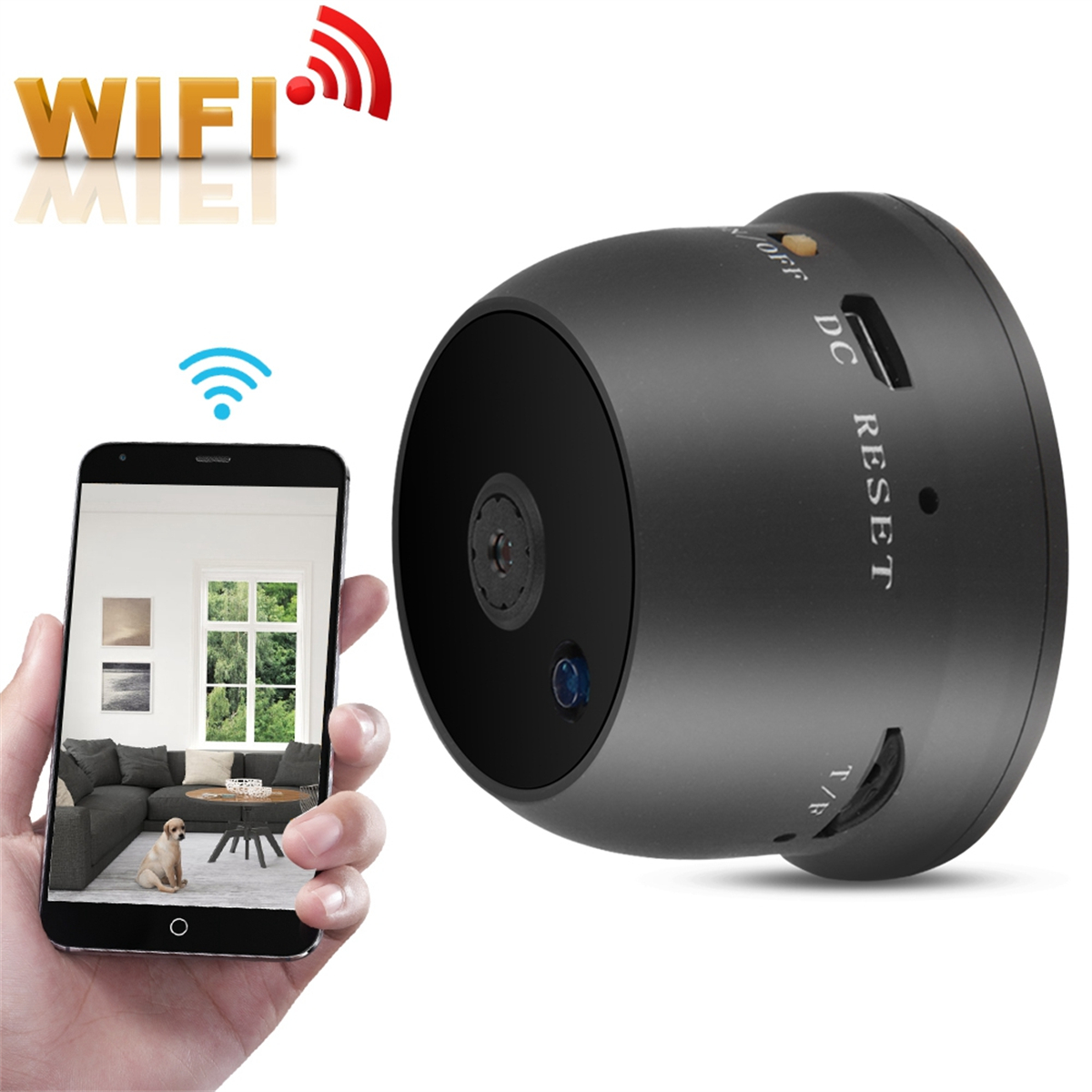 Eine kleine schwarze WLAN-Kamera, die von einer Hand gehalten wird, zeigt einen Telefonbildschirm mit einem Hausbild. WLAN-Symbol sichtbar.