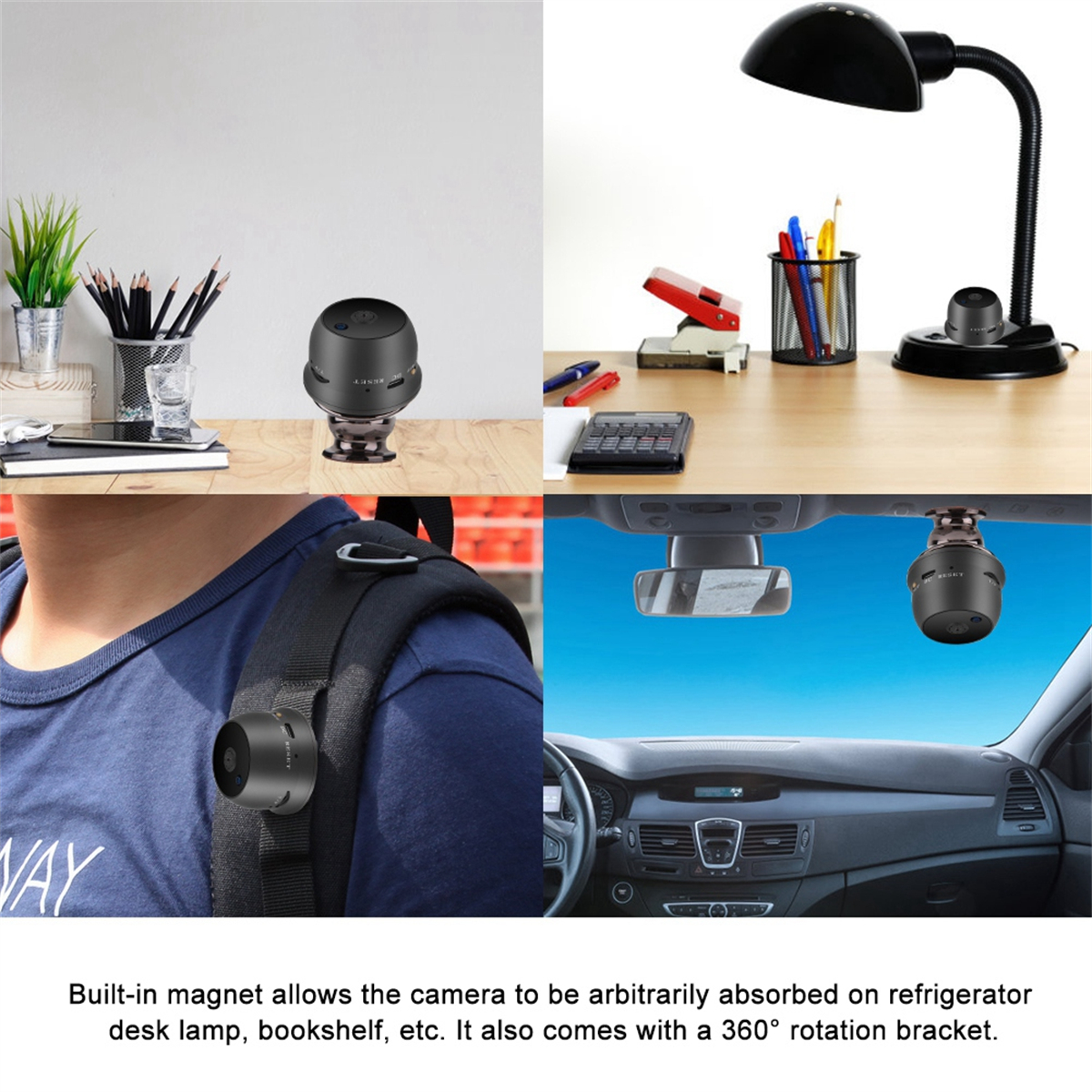 Eine Collage von Spionagekameras in verschiedenen Umgebungen: Schreibtisch, Rucksack, Auto und Schreibtischlampe.