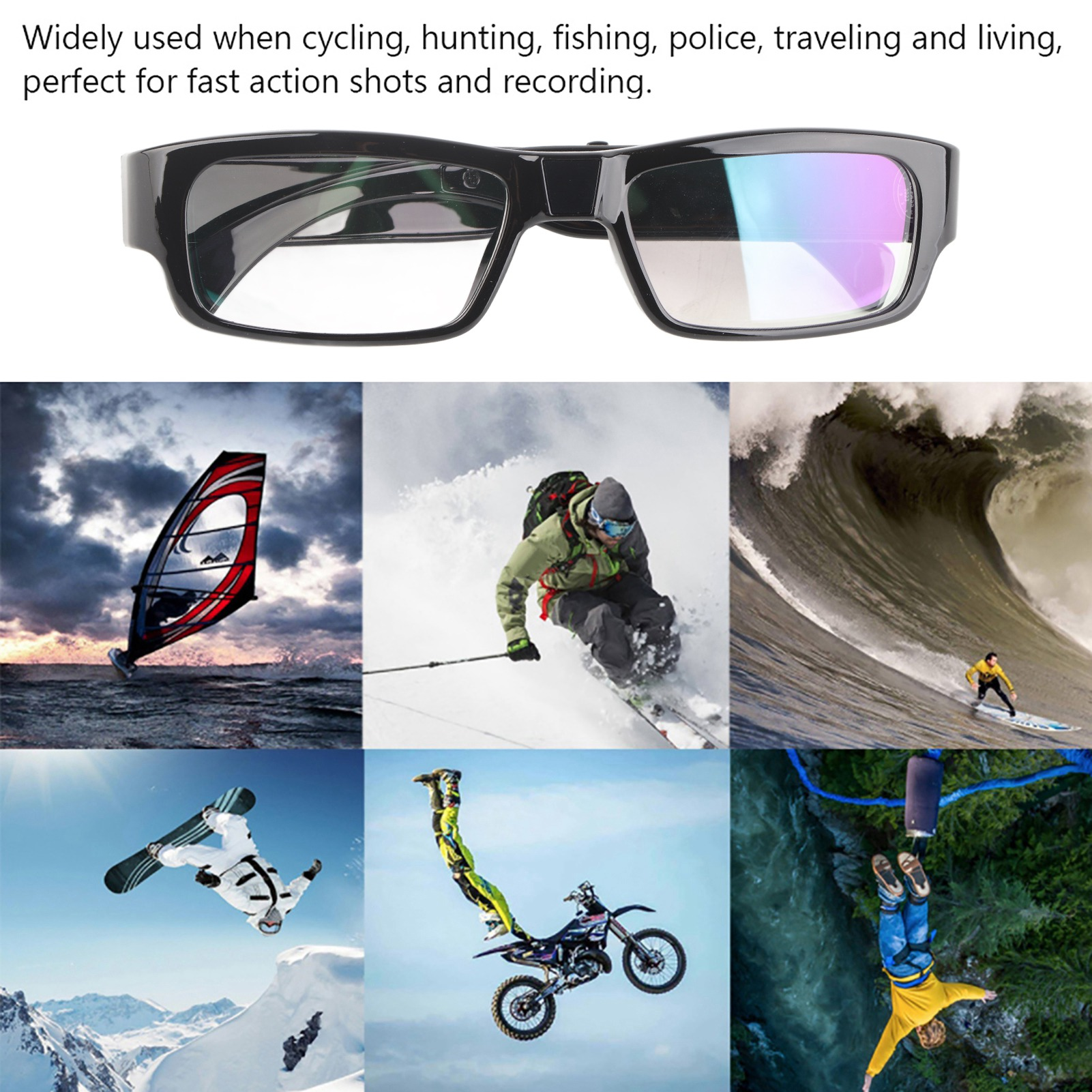 Eine Collage von Actionaufnahmen verschiedener Sportarten und Aktivitäten sowie einer Smart-Brille.