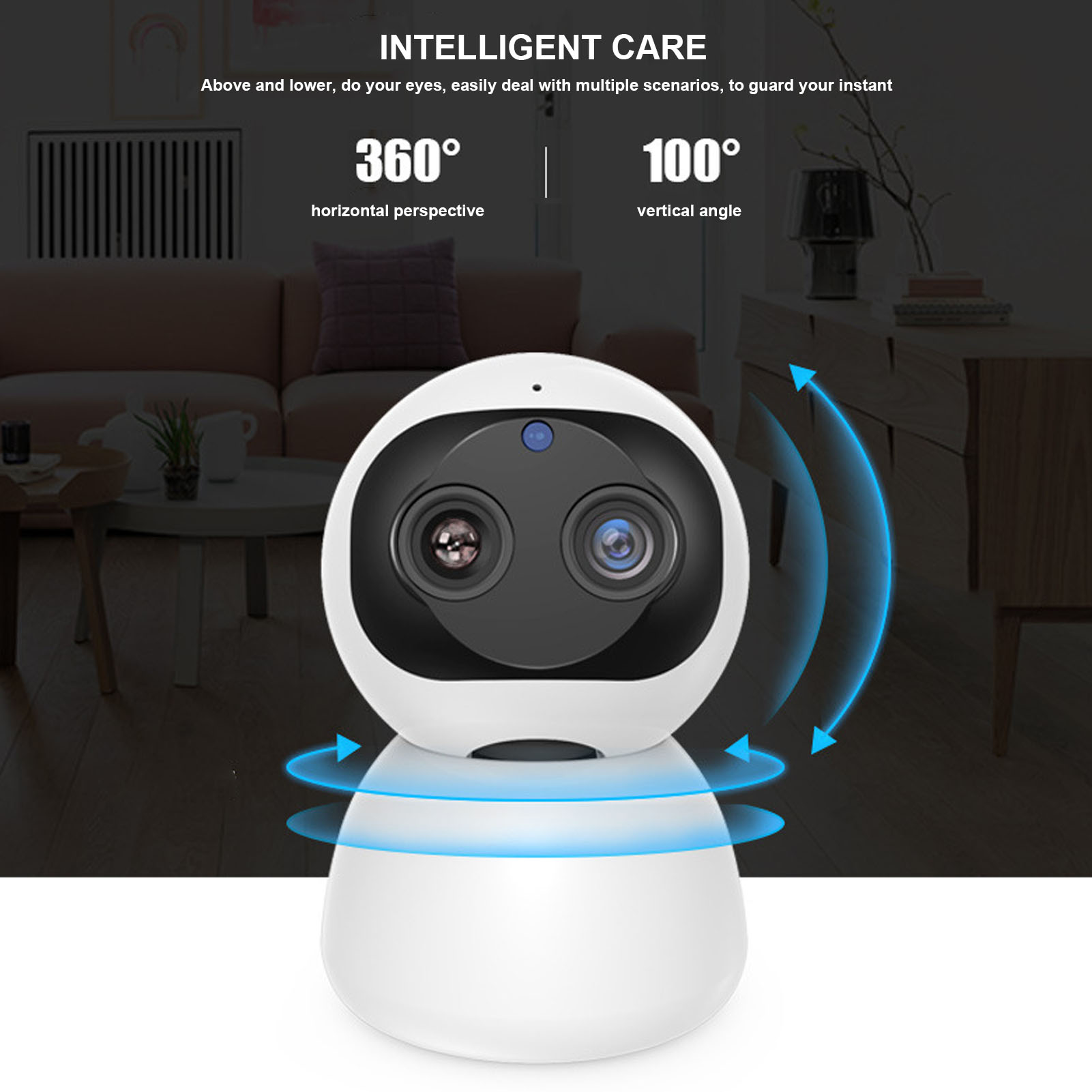 Weiße Überwachungskamera mit zwei Linsen, Pfeile zeigen 360° und 100° Winkel, in Wohnzimmer.