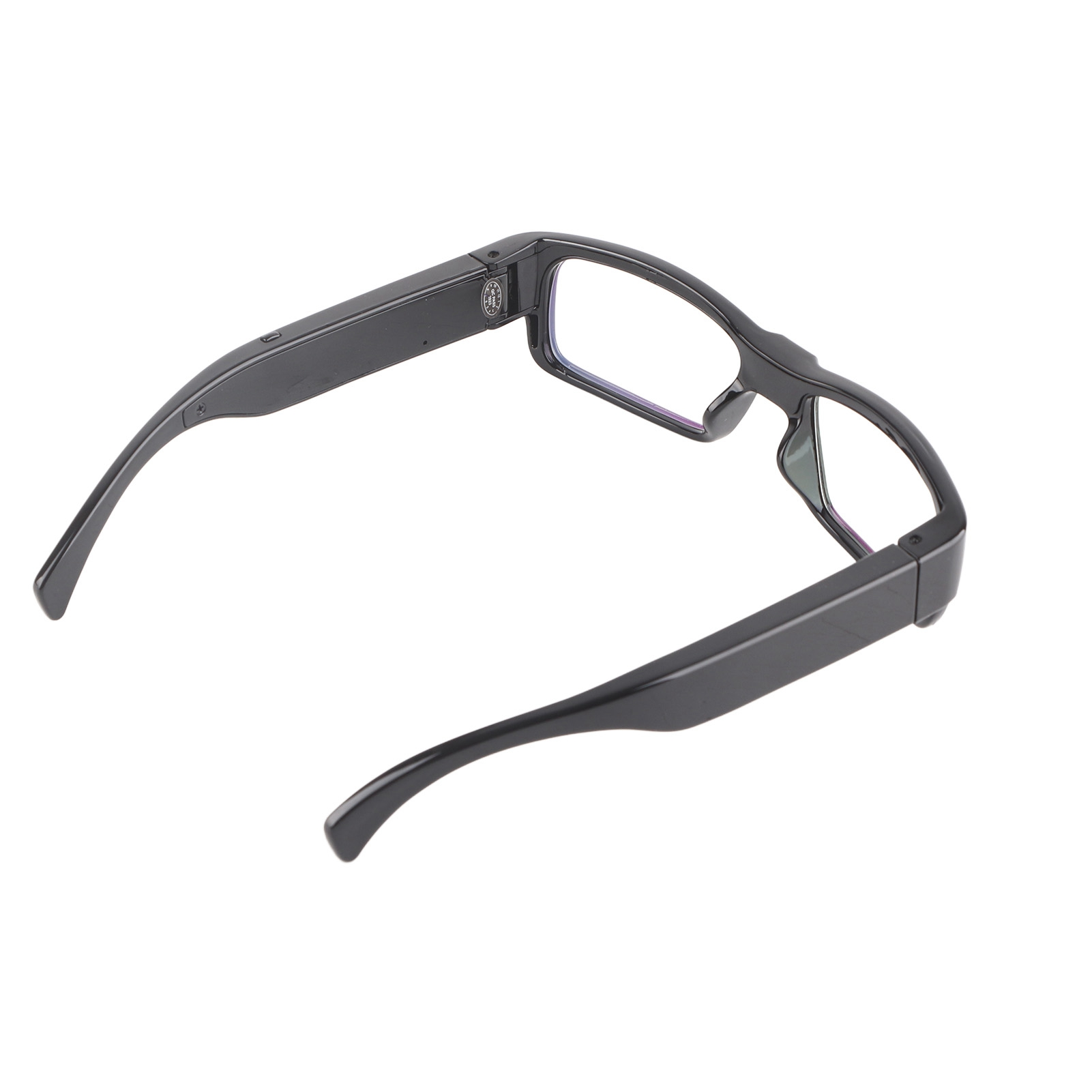 Schwarze Brille mit transparenten Gläsern. Der Rahmen ist dick und umschließt den Kopf, ähnlich einer VR-Brille.