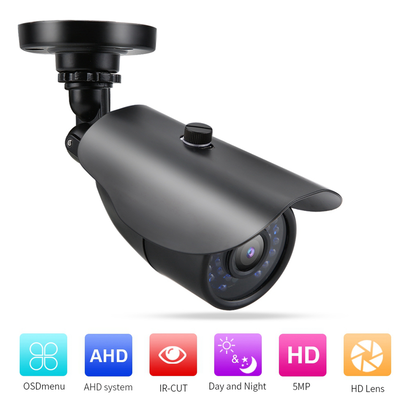 Schwarze Überwachungskamera mit Symbolen für OSD-Menü, AHD, IR-Cut, Tag & Nacht, 5MP und HD-Objektiv.