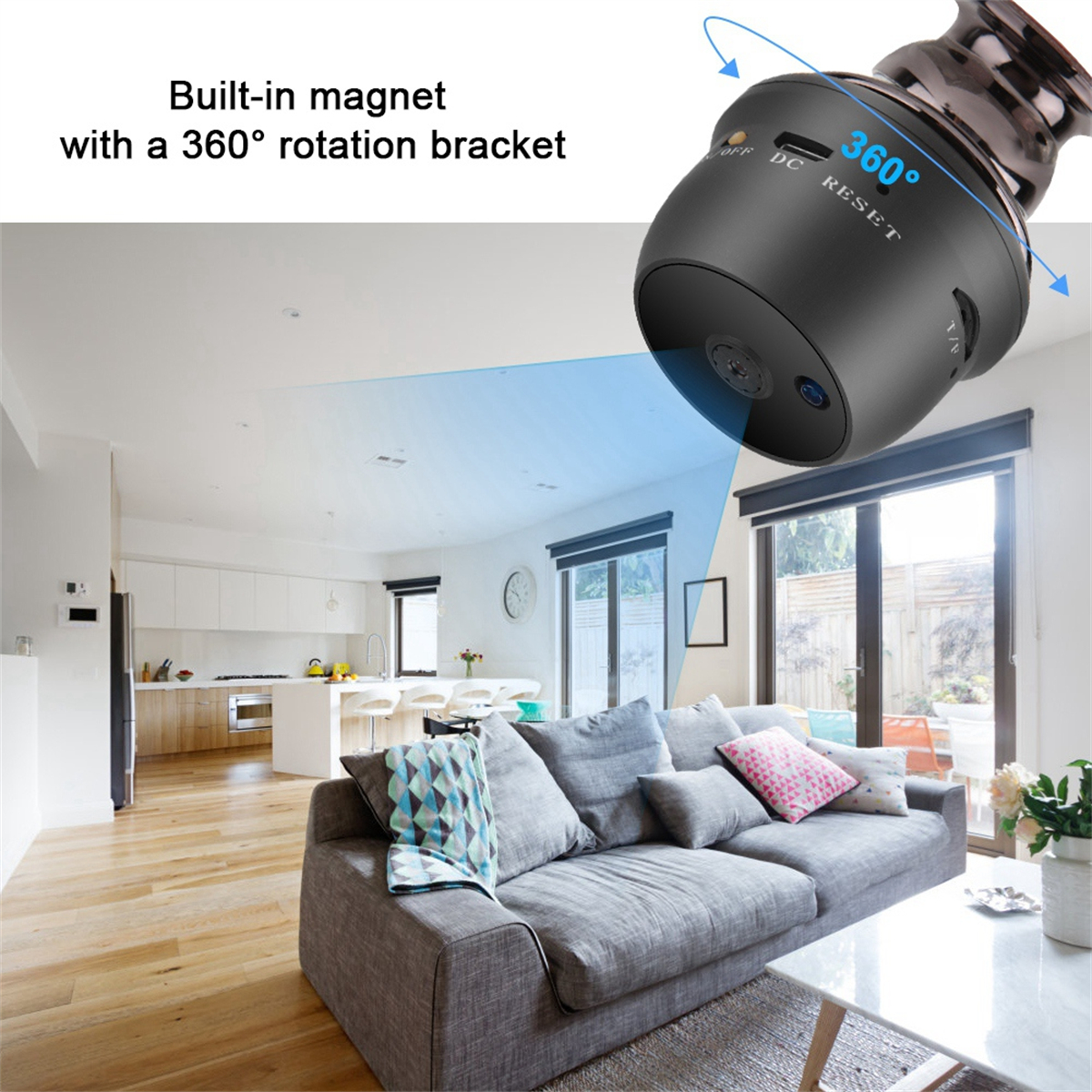 Schwarze Überwachungskamera mit 360-Grad-Drehhalterung in einem Wohnzimmer.