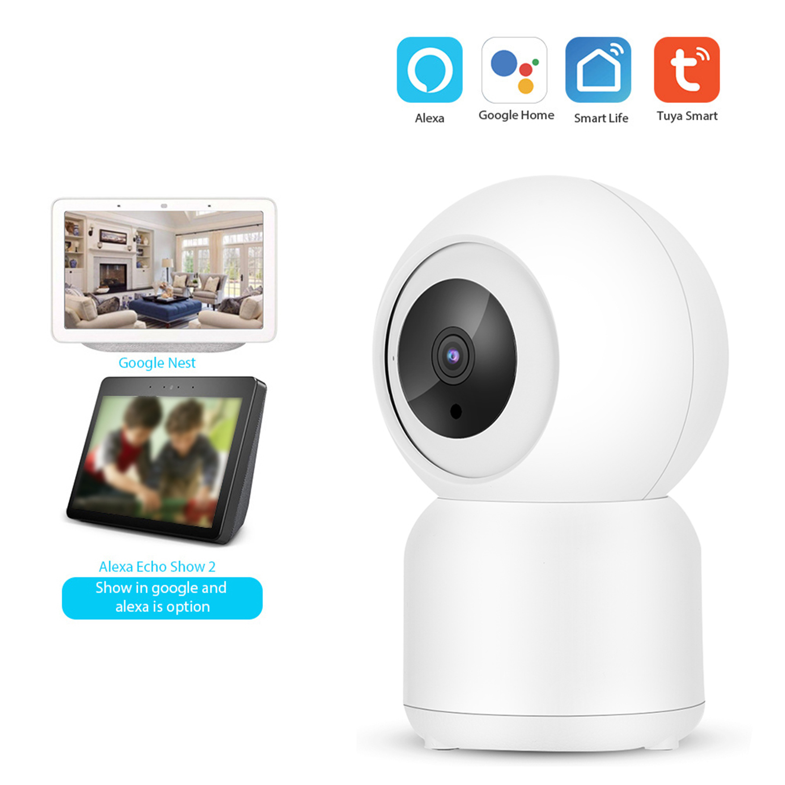 Weiße Überwachungskamera mit Smart Home-Einrichtung, inklusive Tablet und Smart Speaker.